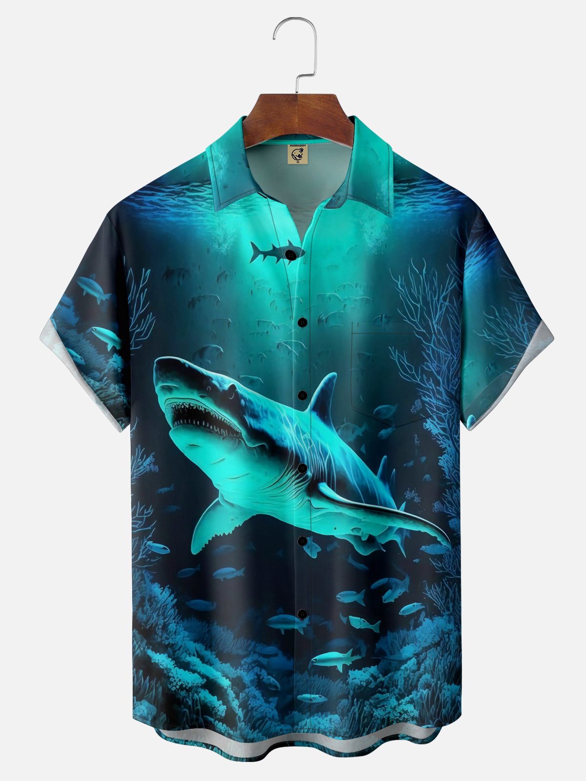 Moisture-wicking Ocean Shark Chest Pocket Hawaiian Shirt