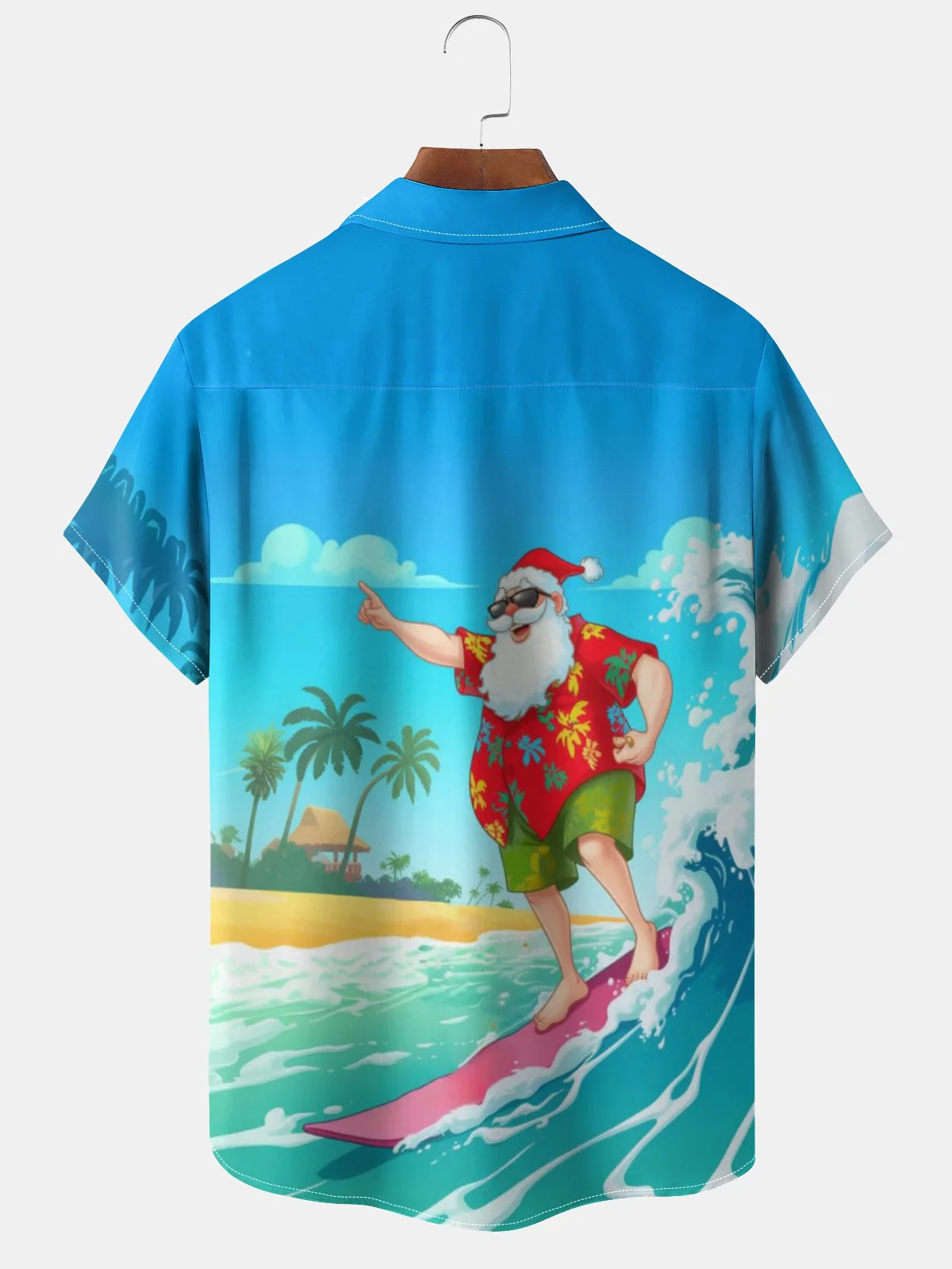 Moisture-wicking Christmas Santa Surfing Chest Pocket Hawaiian Shirt