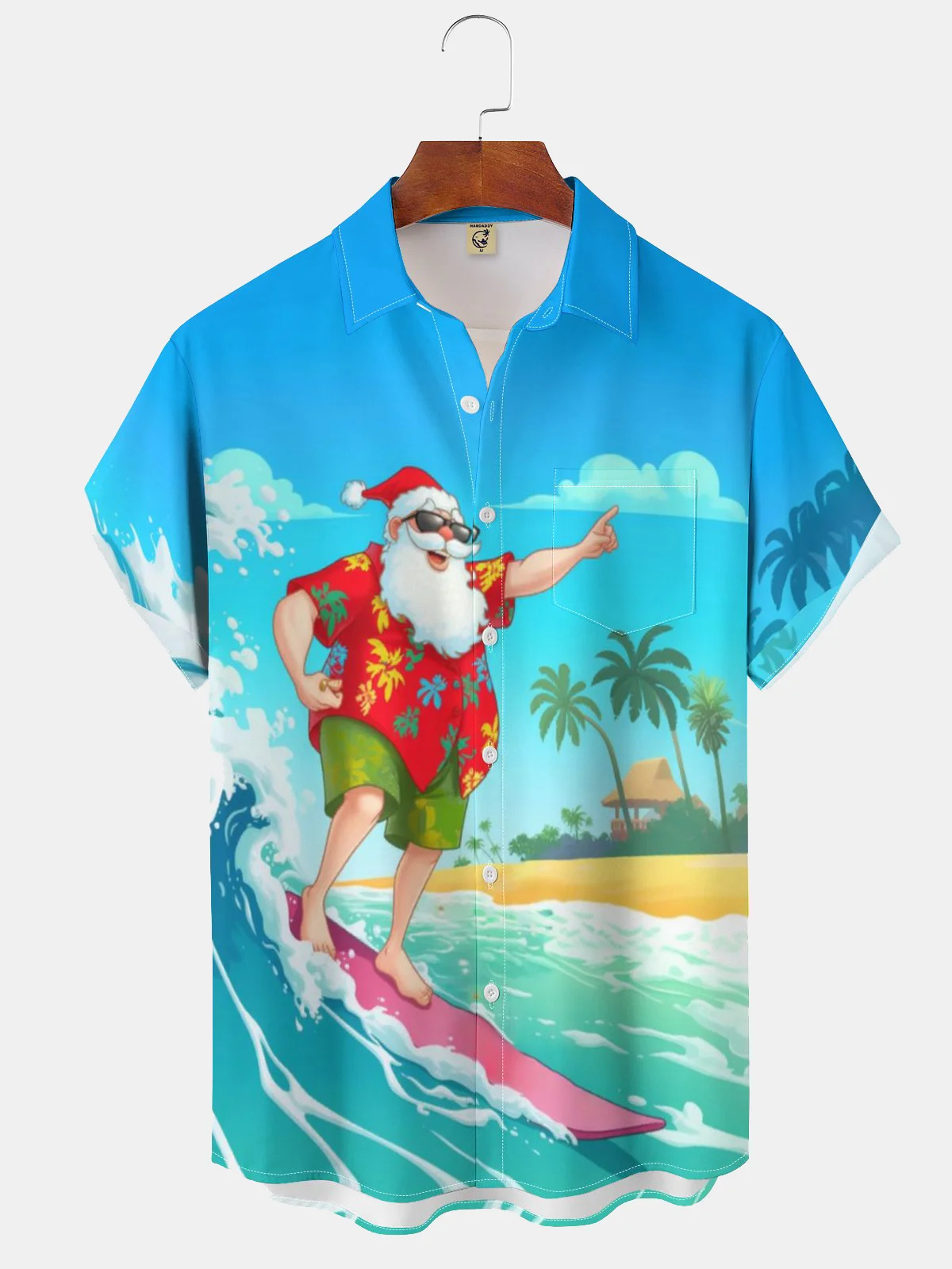 Moisture-wicking Christmas Santa Surfing Chest Pocket Hawaiian Shirt