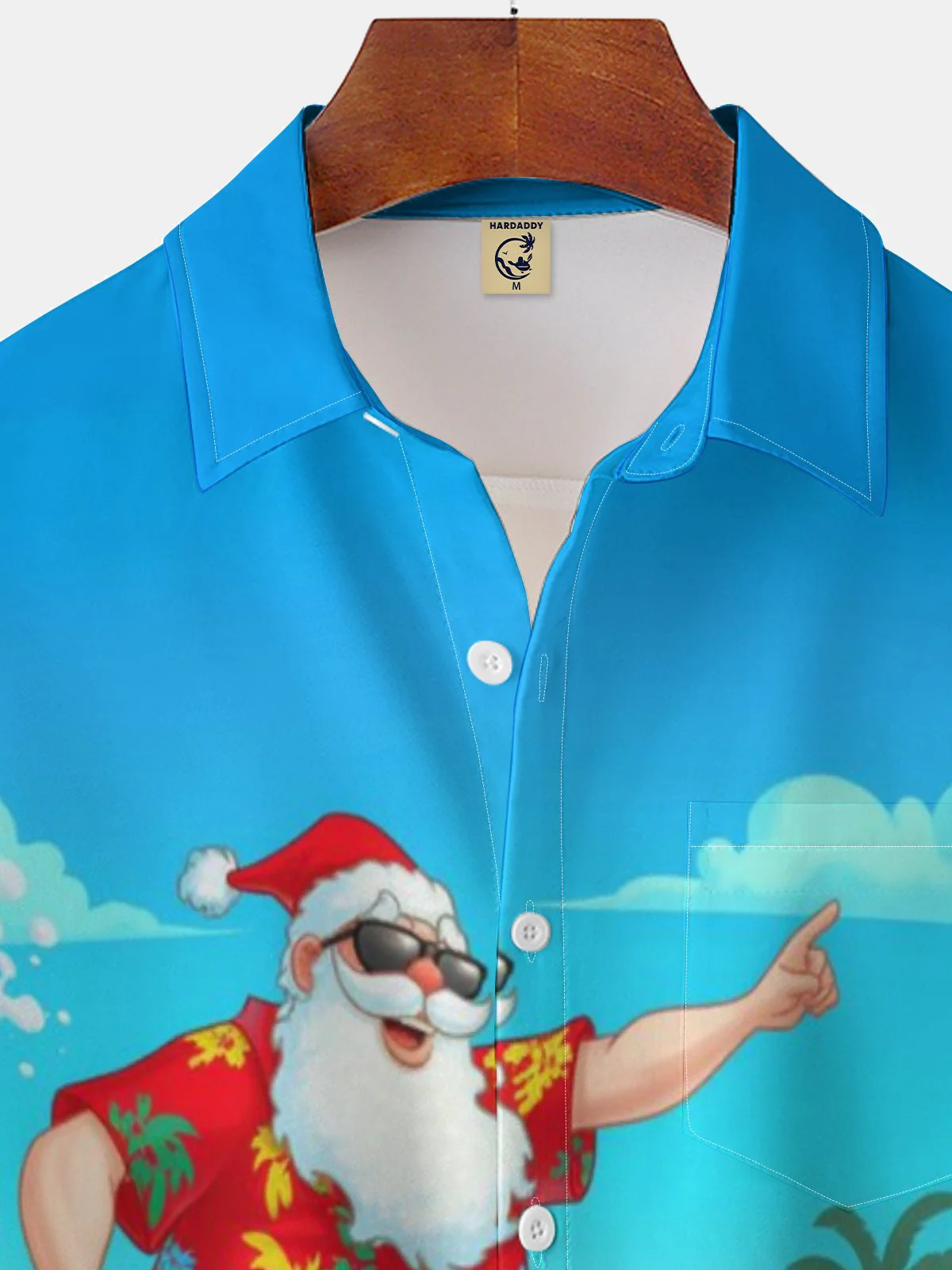 Moisture-wicking Christmas Santa Surfing Chest Pocket Hawaiian Shirt