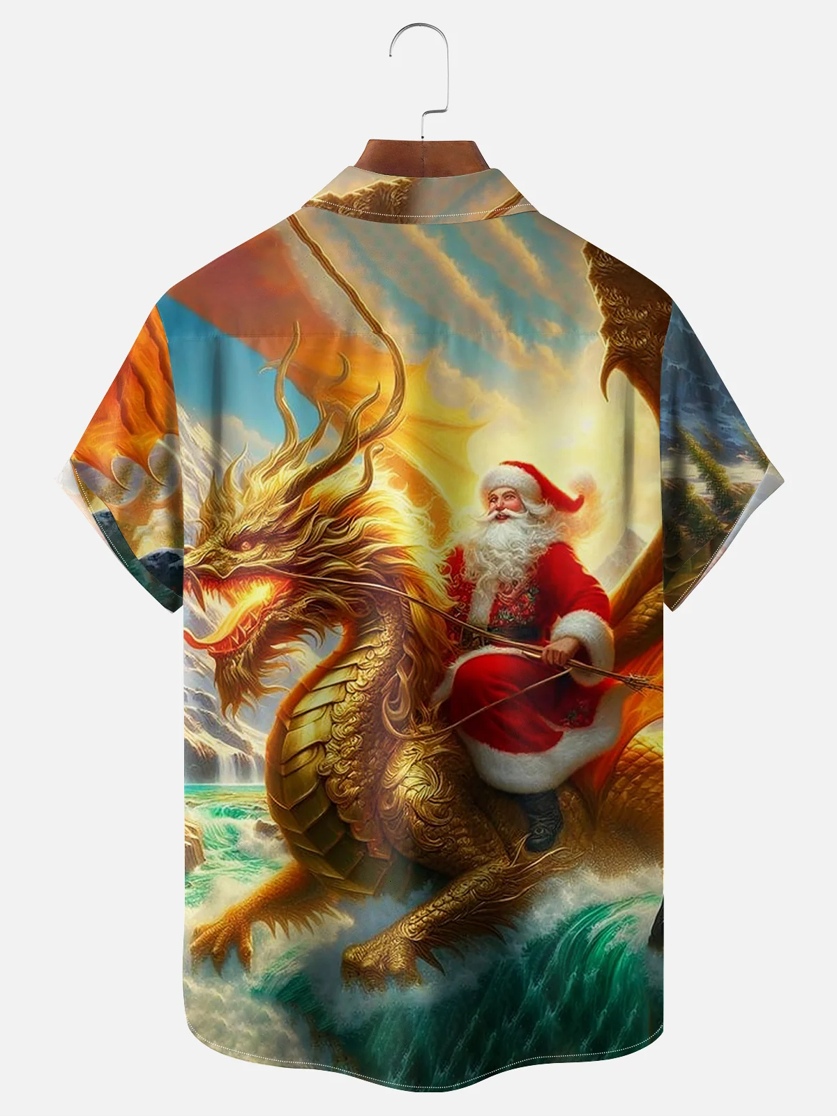 Moisture-wicking Santa Claus Riding a Dragon Chest Pocket Hawaiian Shirt