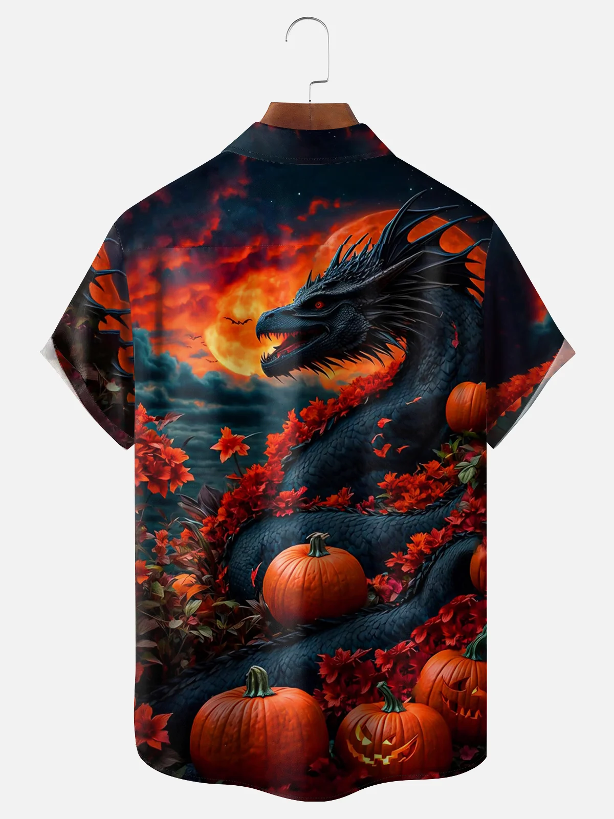 Moisture-wicking Dragon and Pumpkin Chest Pocket Hawaiian Shirt