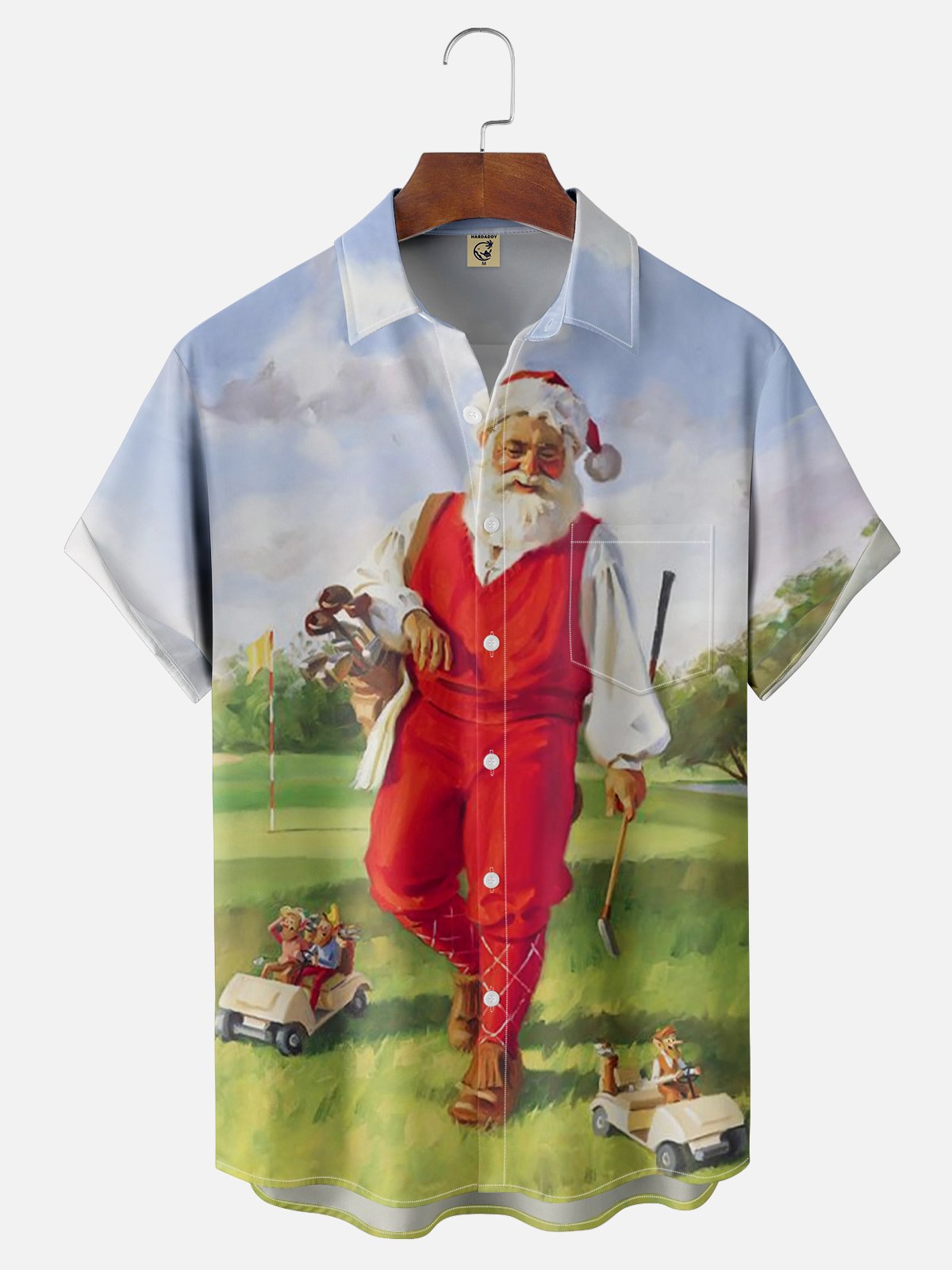 Moisture-wicking Santa Claus Playing Golf Chest Pocket Hawaiian Shirt