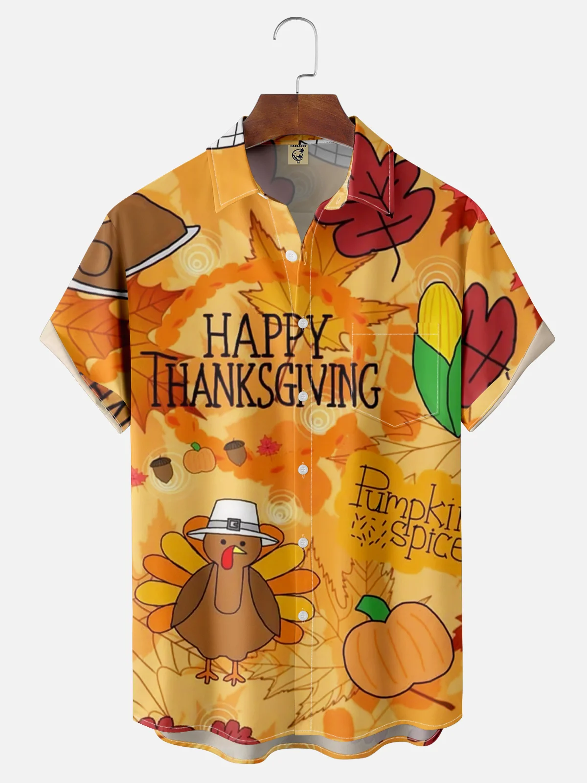 Moisture-wicking Happy Thanksgiving Illustration Chest Pocket Hawaiian Shirt