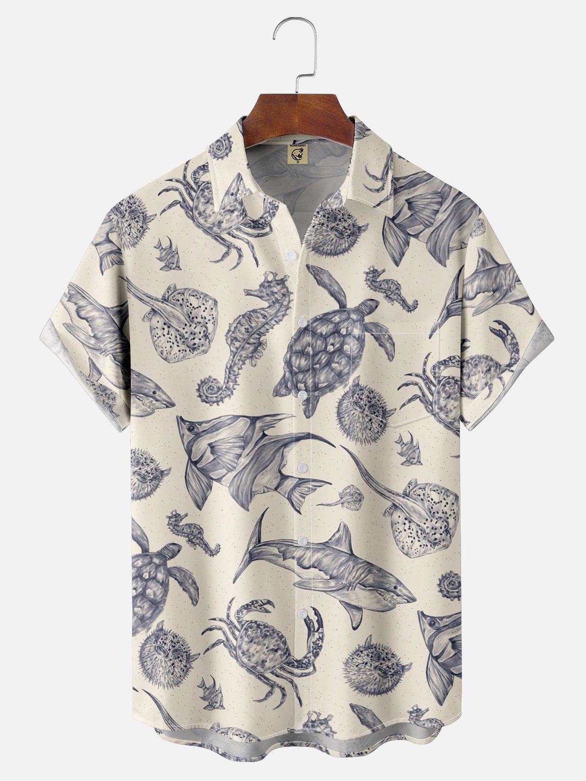 Moisture-wicking Marine Animals Chest Pocket Hawaiian Shirt