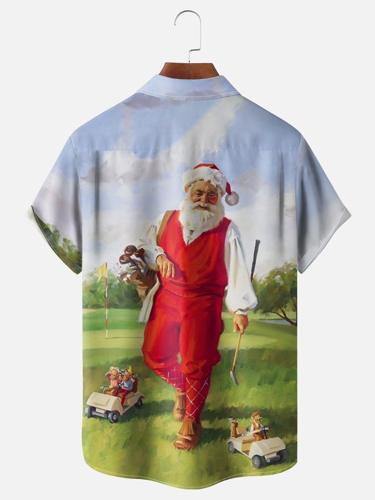 Moisture-wicking Santa Claus Playing Golf Chest Pocket Hawaiian Shirt