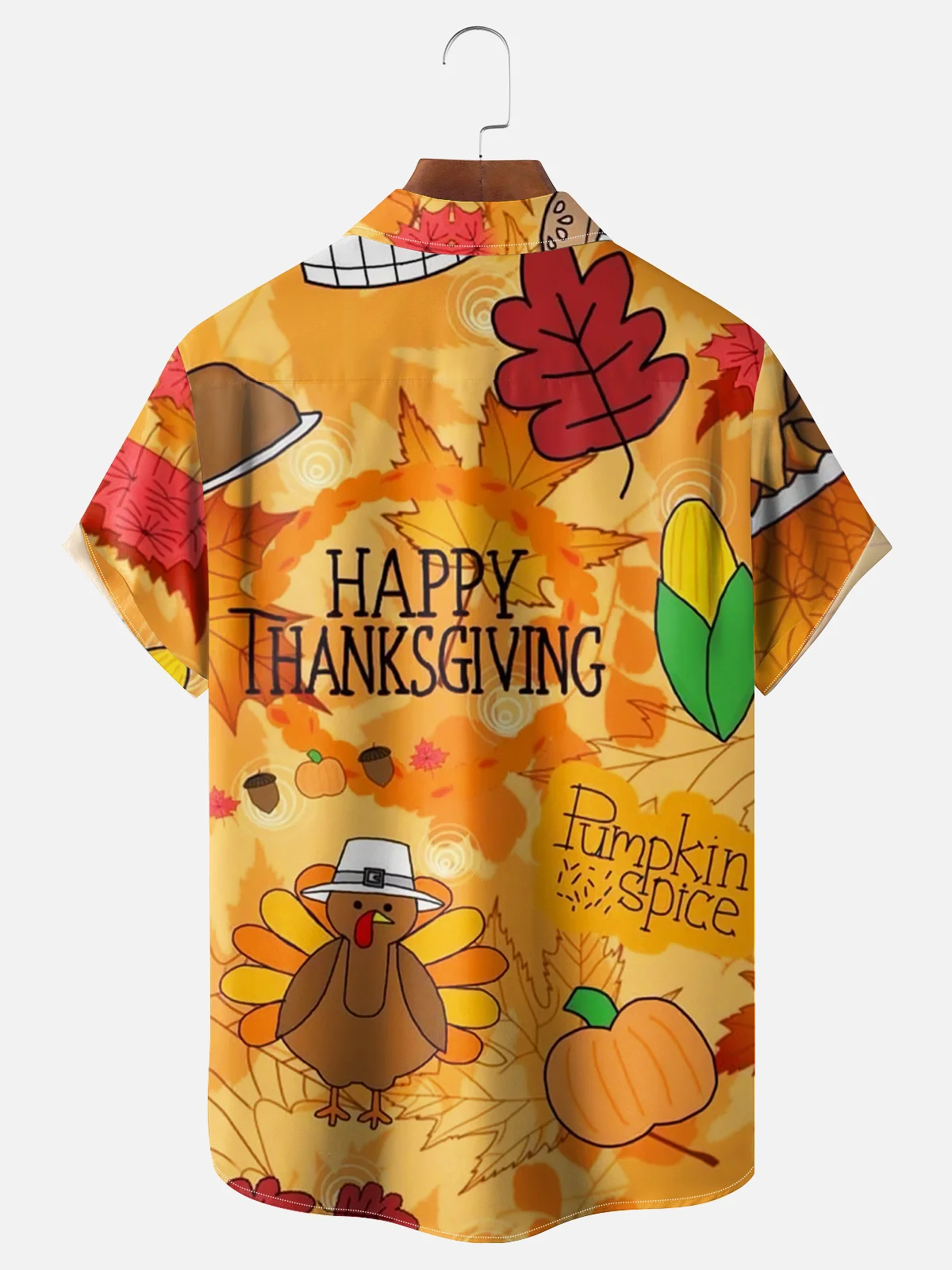 Moisture-wicking Happy Thanksgiving Illustration Chest Pocket Hawaiian Shirt