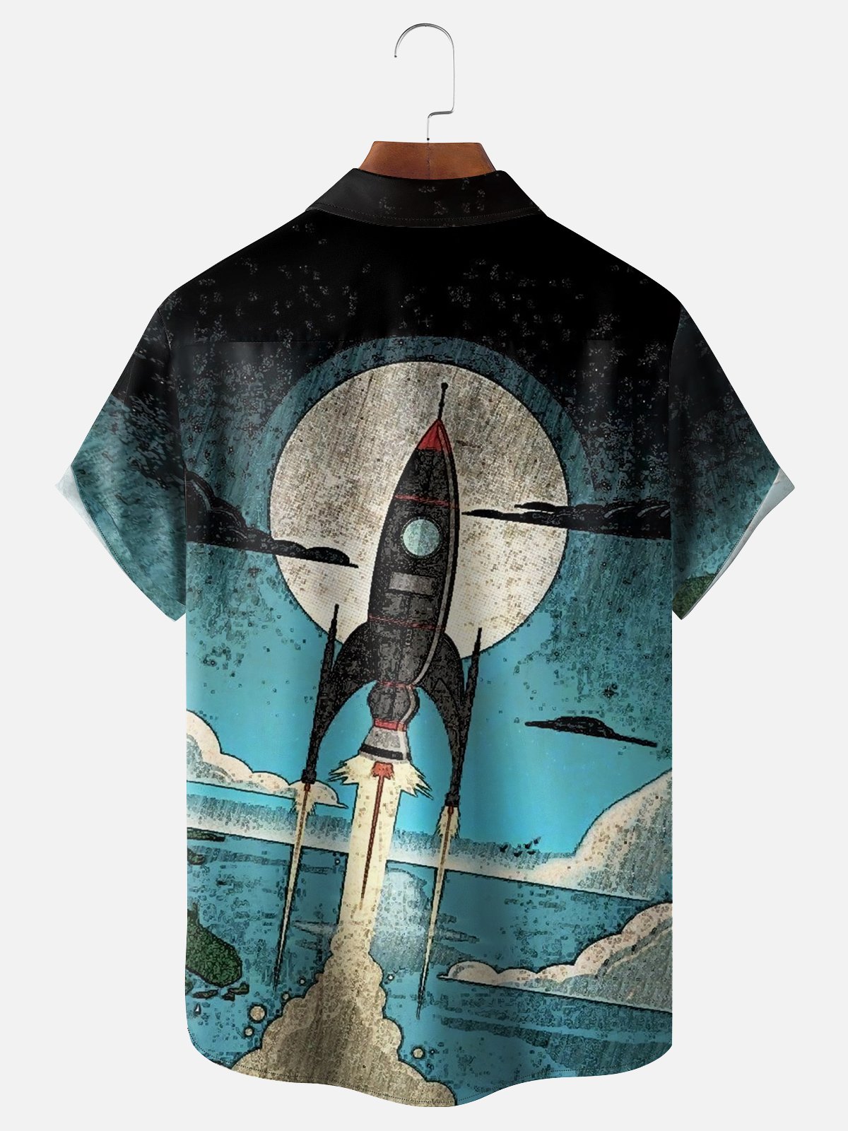 Moisture-wicking Spaceship Art Painting Chest Pocket Hawaiian Shirt