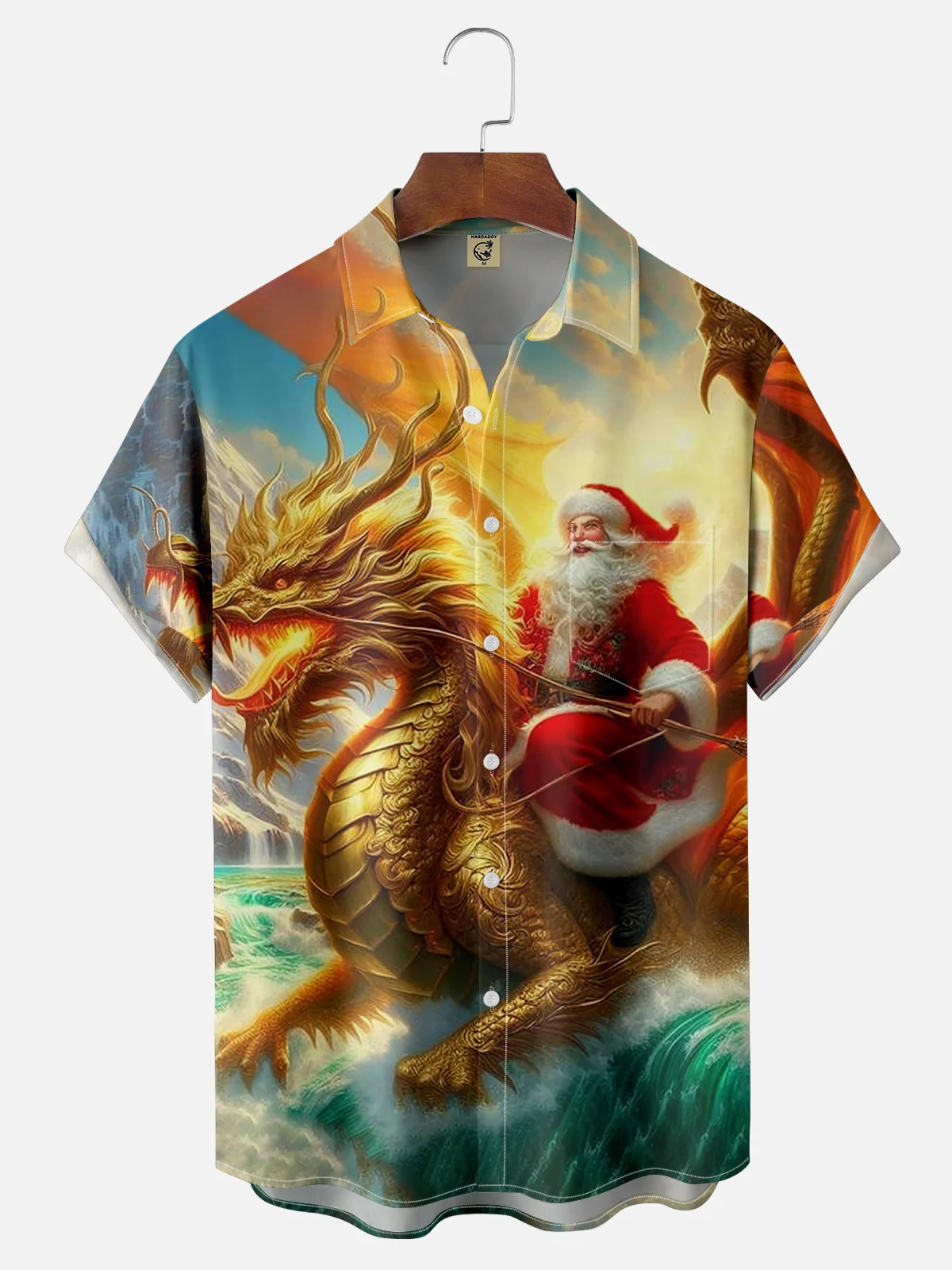 Moisture-wicking Santa Claus Riding a Dragon Chest Pocket Hawaiian Shirt