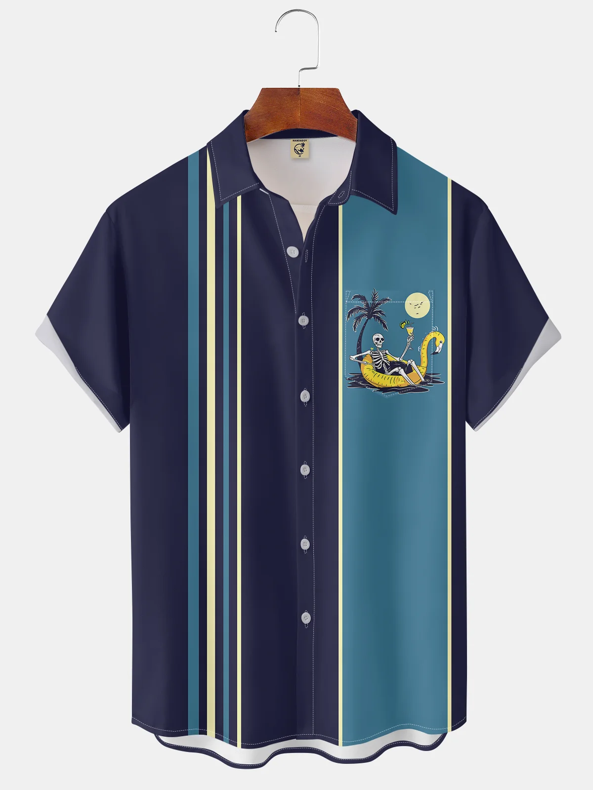 Moisture-wicking Skeleton On The Moon Boat Chest Pocket Bowling Shirt