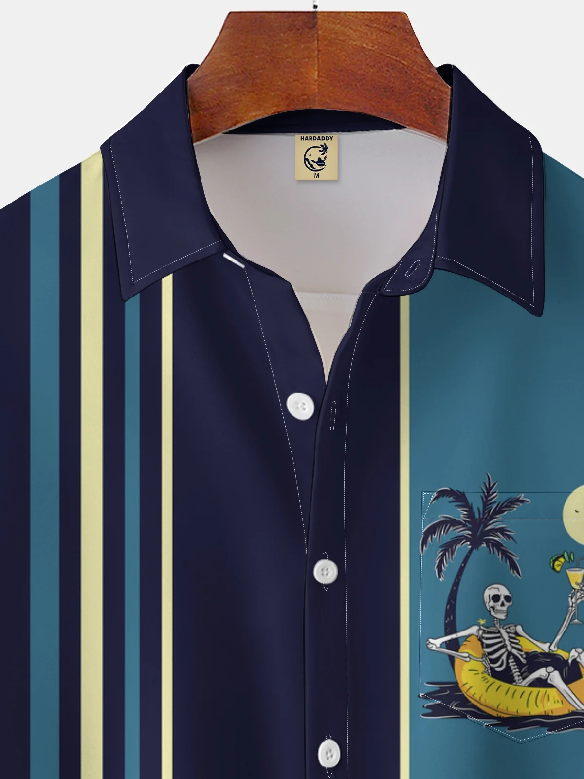 Moisture-wicking Skeleton On The Moon Boat Chest Pocket Bowling Shirt