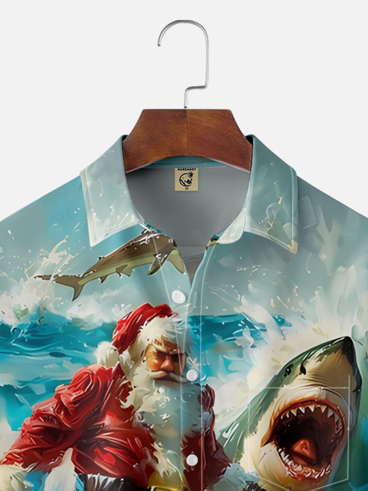 Moisture Wicking Christmas Santa Shark Chest Pocket Hawaiian Shirt