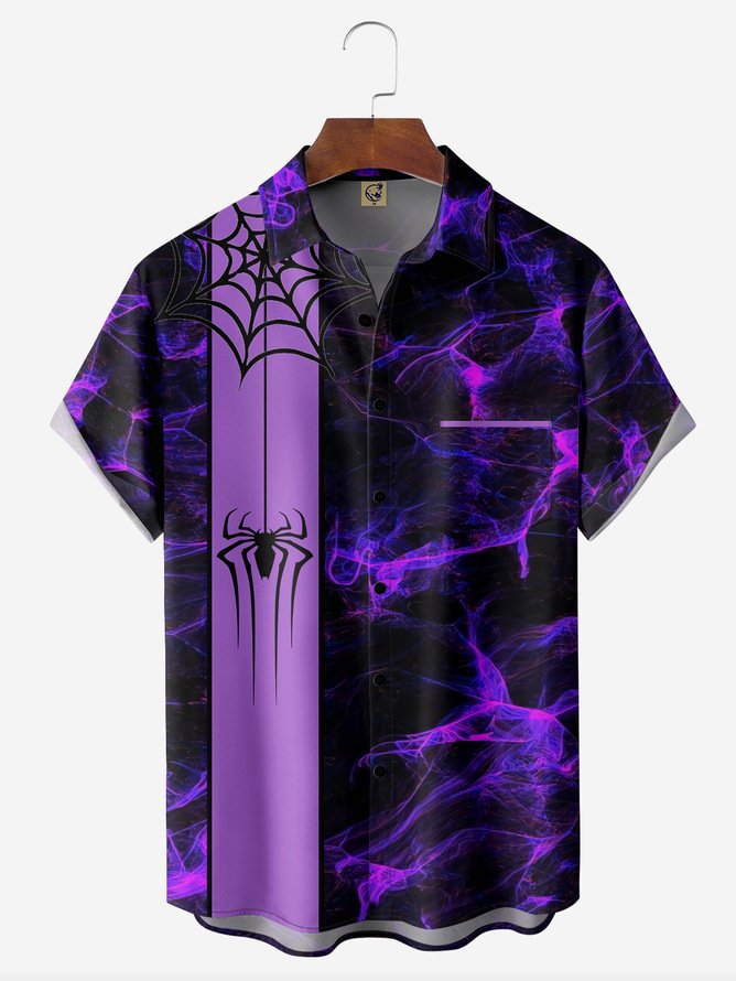 Tall Size Moisture-wicking Halloween Spider Chest Pocket Bowling Shirt