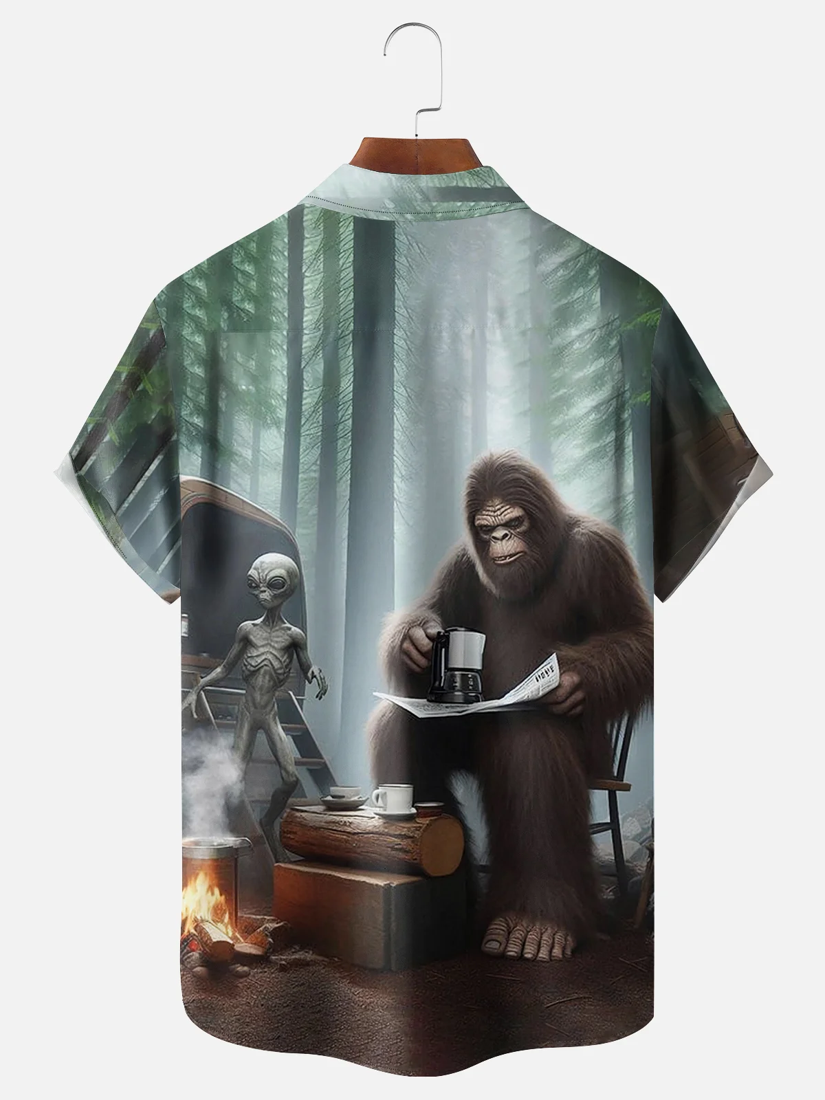 Moisture-wicking Bigfoot And Alien Morning Coffee Chest Pocket Hawaiian Shirt