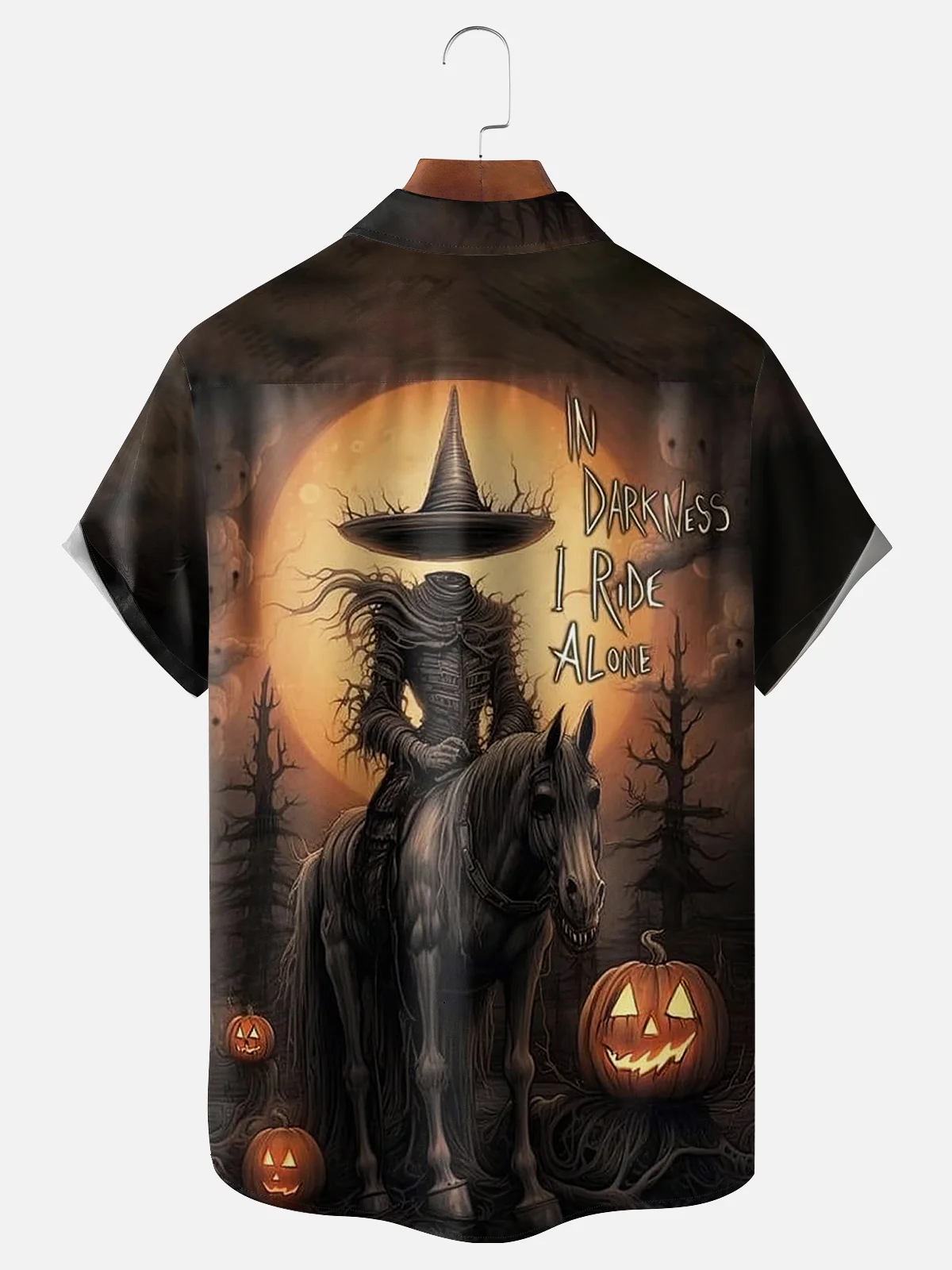 Moisture-wicking Halloween Headless Horseman Illustration Chest Pocket Hawaiian Shirt