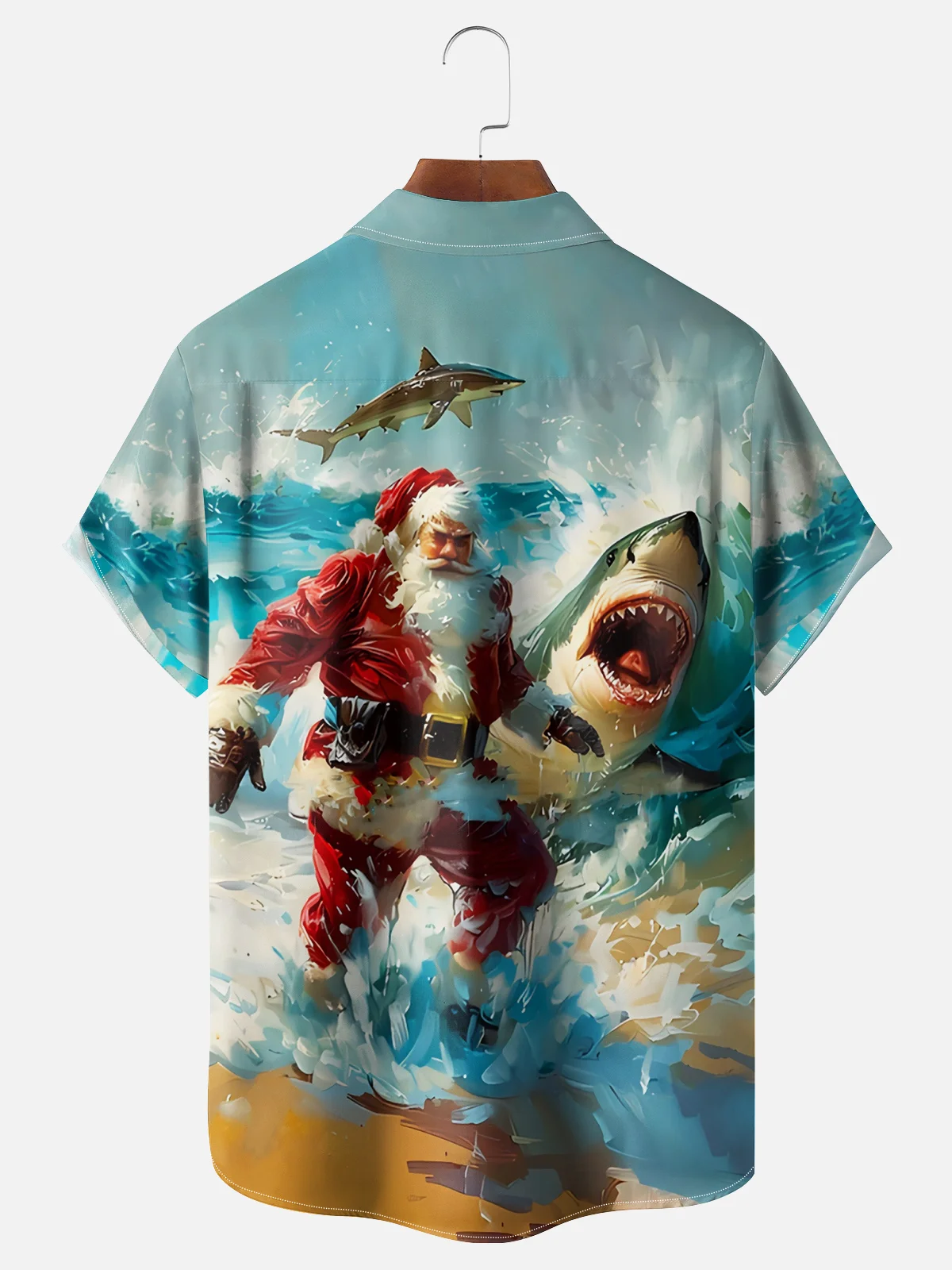 Moisture Wicking Christmas Santa Shark Chest Pocket Hawaiian Shirt