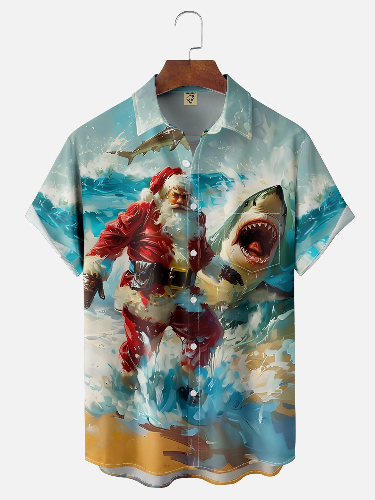 Moisture Wicking Christmas Santa Shark Chest Pocket Hawaiian Shirt