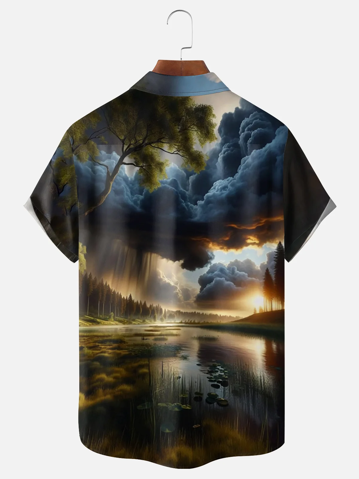 Moisture-wicking Sunset Rainstorm Scenery Chest Pocket Hawaiian Shirt