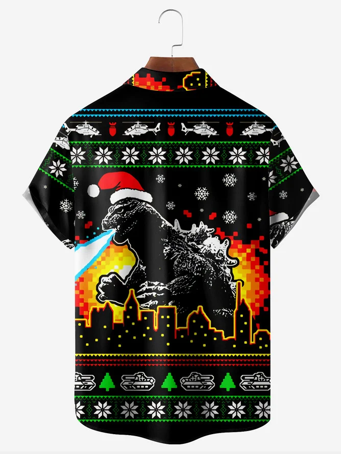 Tall Size Moisture-wicking Christmas Dinosaur Chest Pocket Holiday Shirt