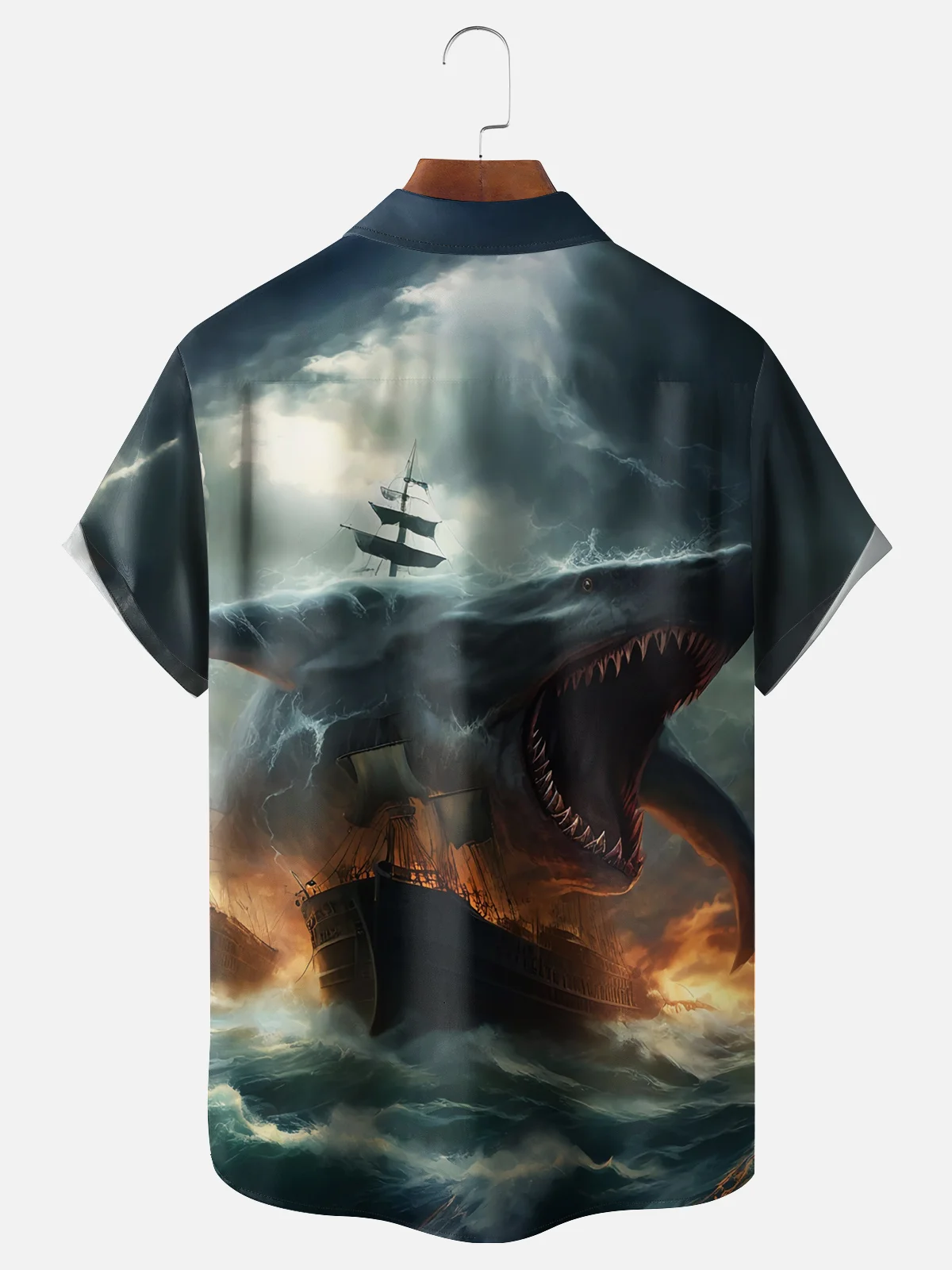 Moisture-wicking Super Shark Attack Boat Chest Pocket Hawaiian Shirt