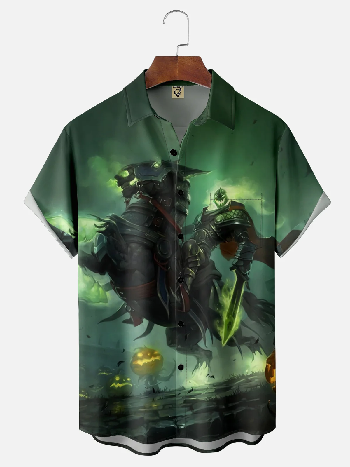 Moisture-wicking Halloween Headless Horseman Art Illustration Chest Pocket Hawaiian Shirt