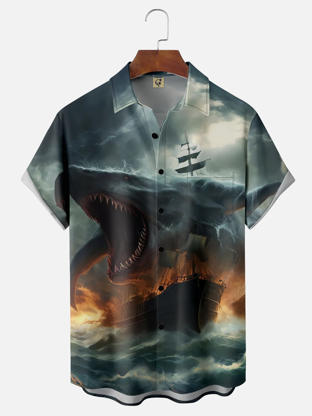 Moisture-wicking Super Shark Attack Boat Chest Pocket Hawaiian Shirt