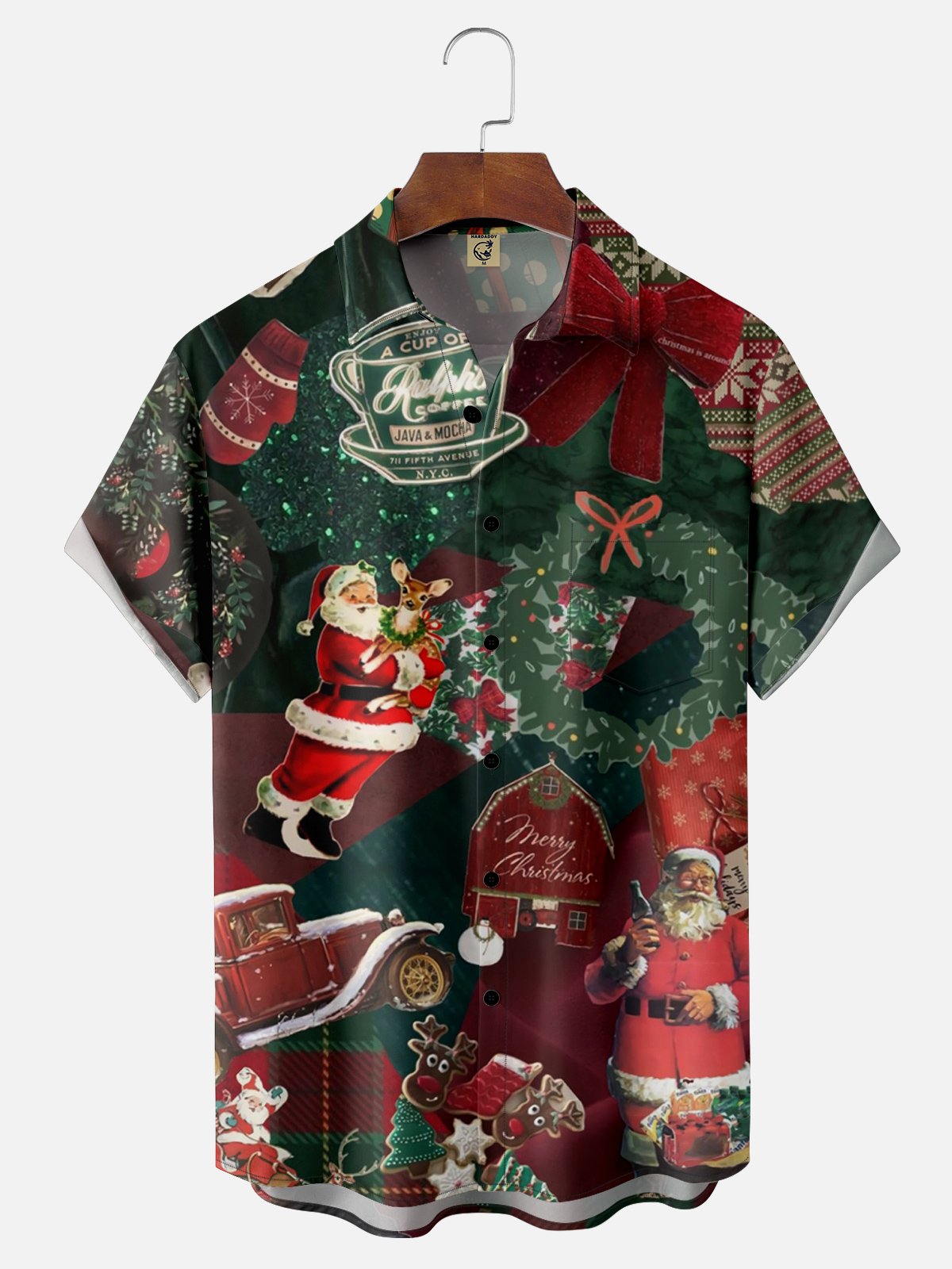 Moisture-wicking Santa Vintage Poster Chest Pocket Hawaiian Shirt