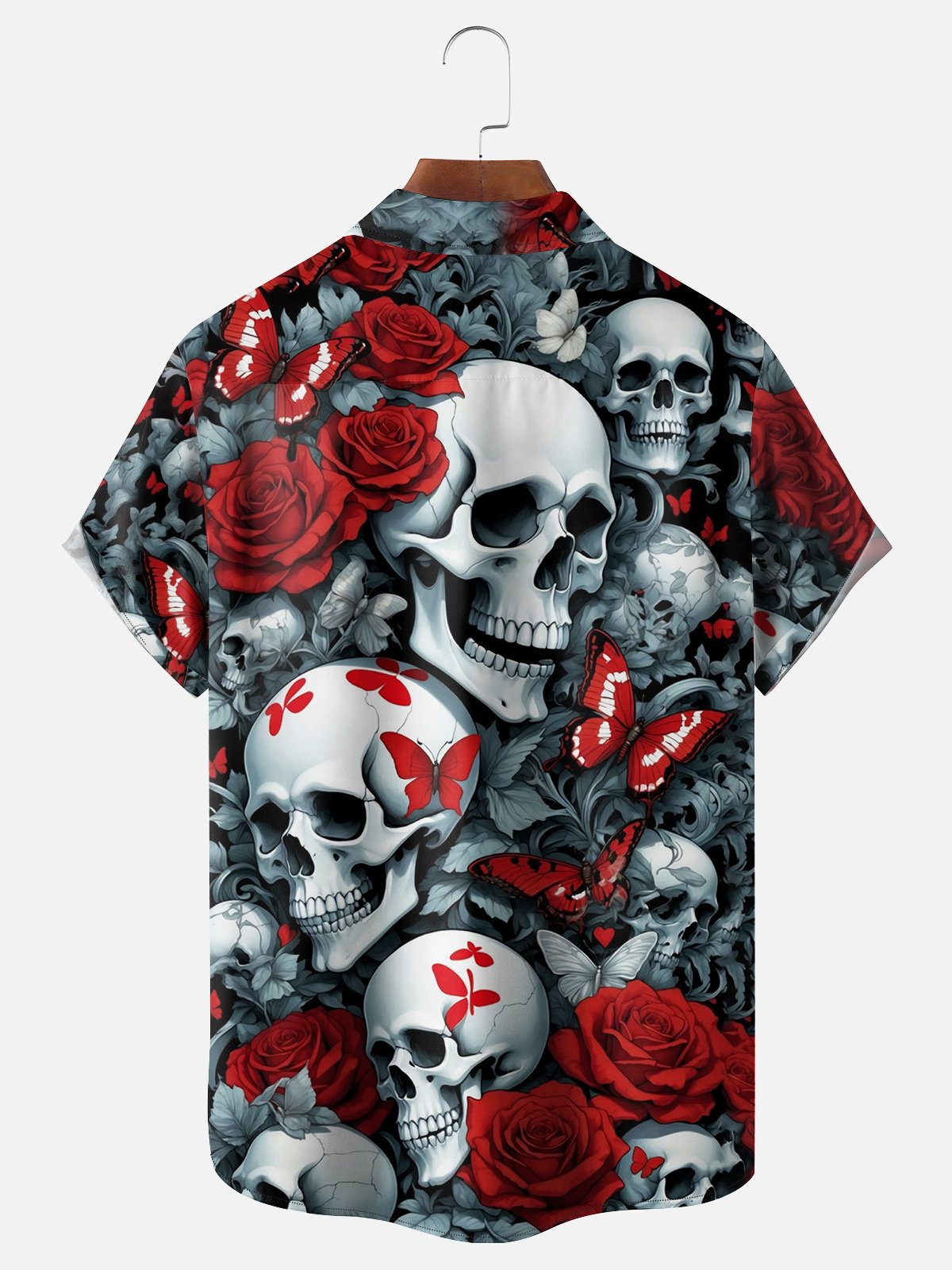 Moisture-wicking Butterfly Skull Chest Pocket Hawaiian Shirt