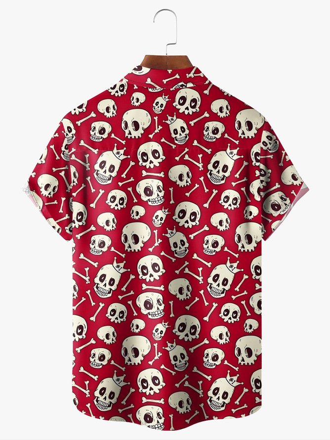 Tall Size Moisture Wicking Halloween Skull CrossChest Pocket Hawaiian Shirt