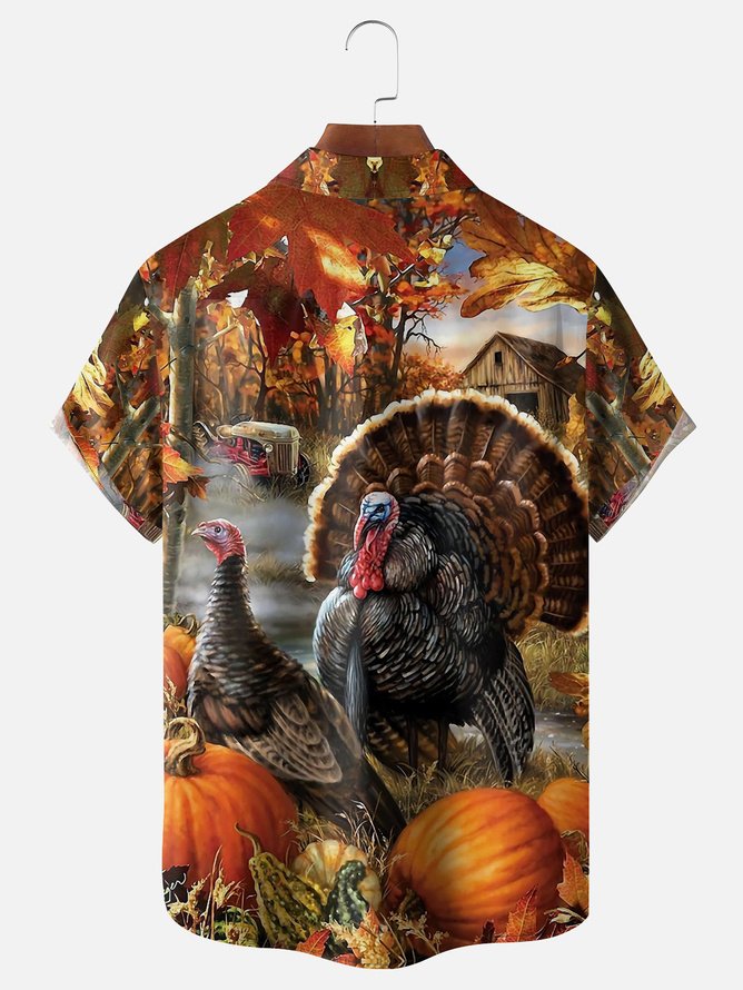 Tall Size Moisture Wicking Thanksgiving Turkey Chest Pocket Hawaiian Shirt