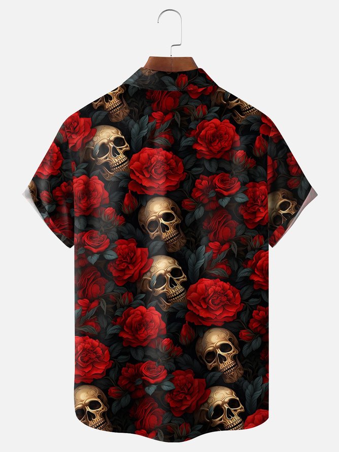 Tall Size  Moisture-wicking Rock Music Skull Drop Rose Chest Pocket Hawaiian Shirt