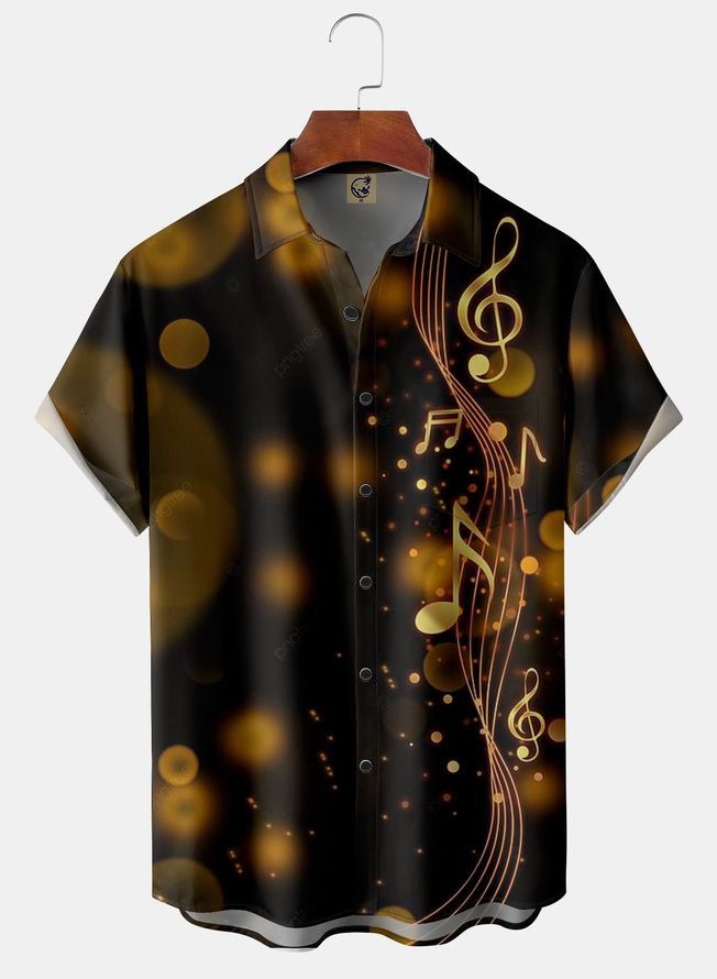 Music Notes Chest Pocket Short Sleeve Casual Shirt