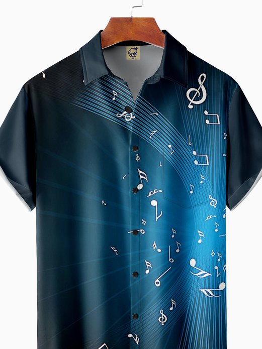 Music Notes Chest Pocket Short Sleeve Casual Shirt