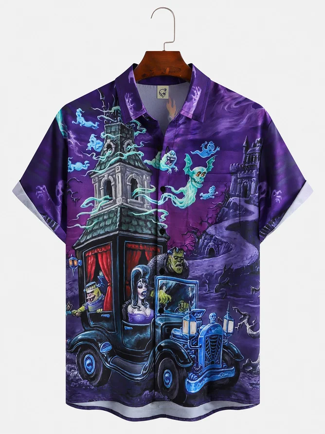 Men's Halloween Print Casual Short Sleeve Shirt with Chest Pocket