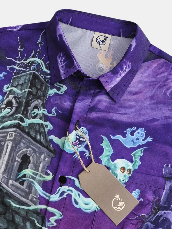 Men's Halloween Print Casual Short Sleeve Shirt with Chest Pocket