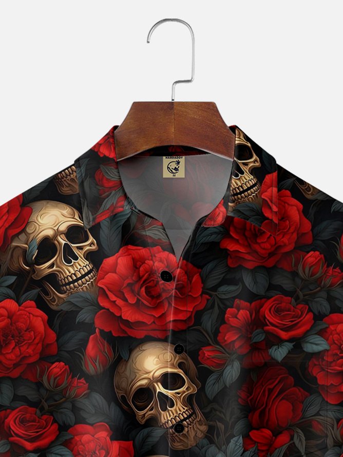 Tall Size  Moisture-wicking Rock Music Skull Drop Rose Chest Pocket Hawaiian Shirt