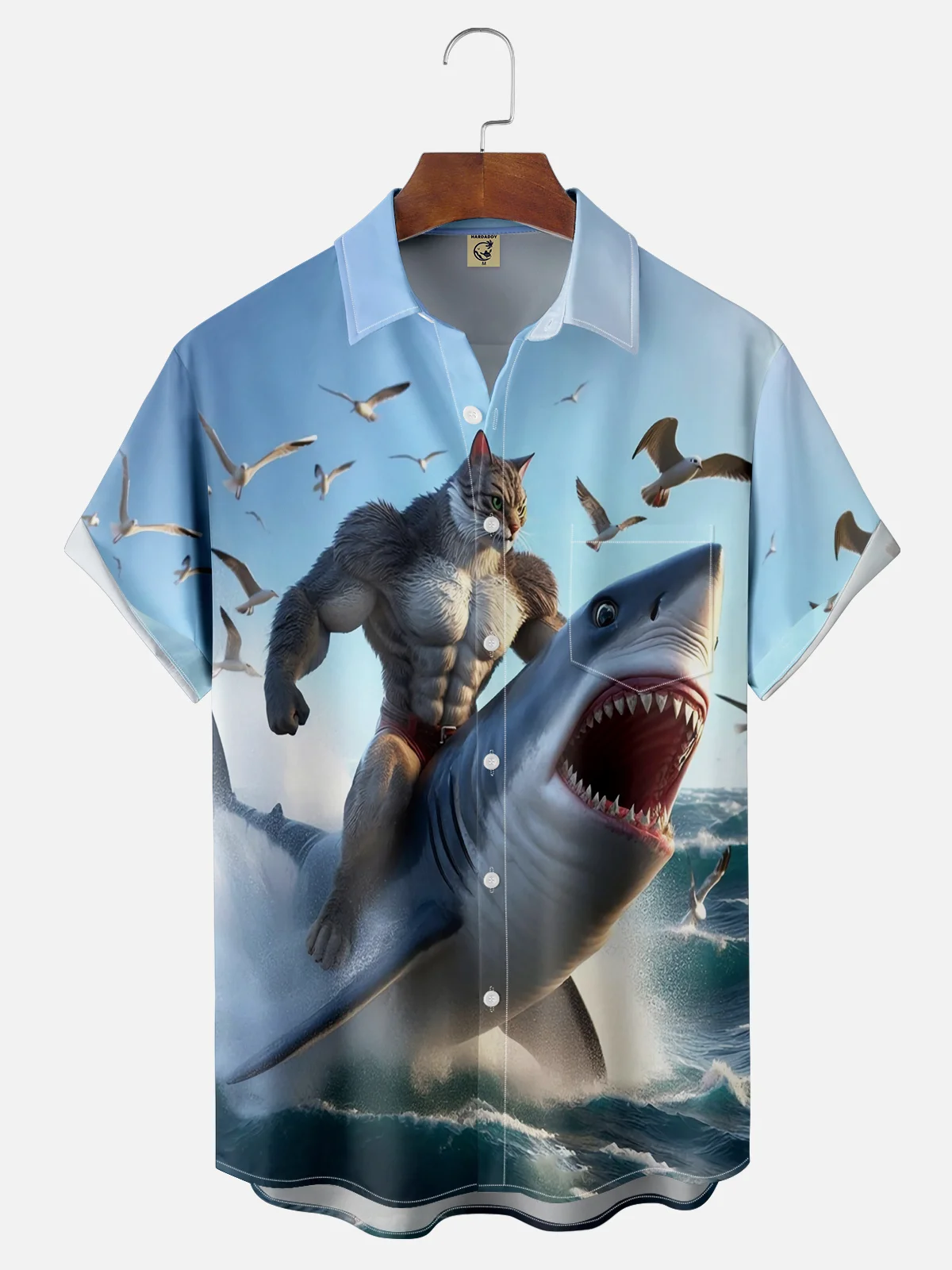 Moisture Wicking Cat Riding Shark Hawaiian Shirt