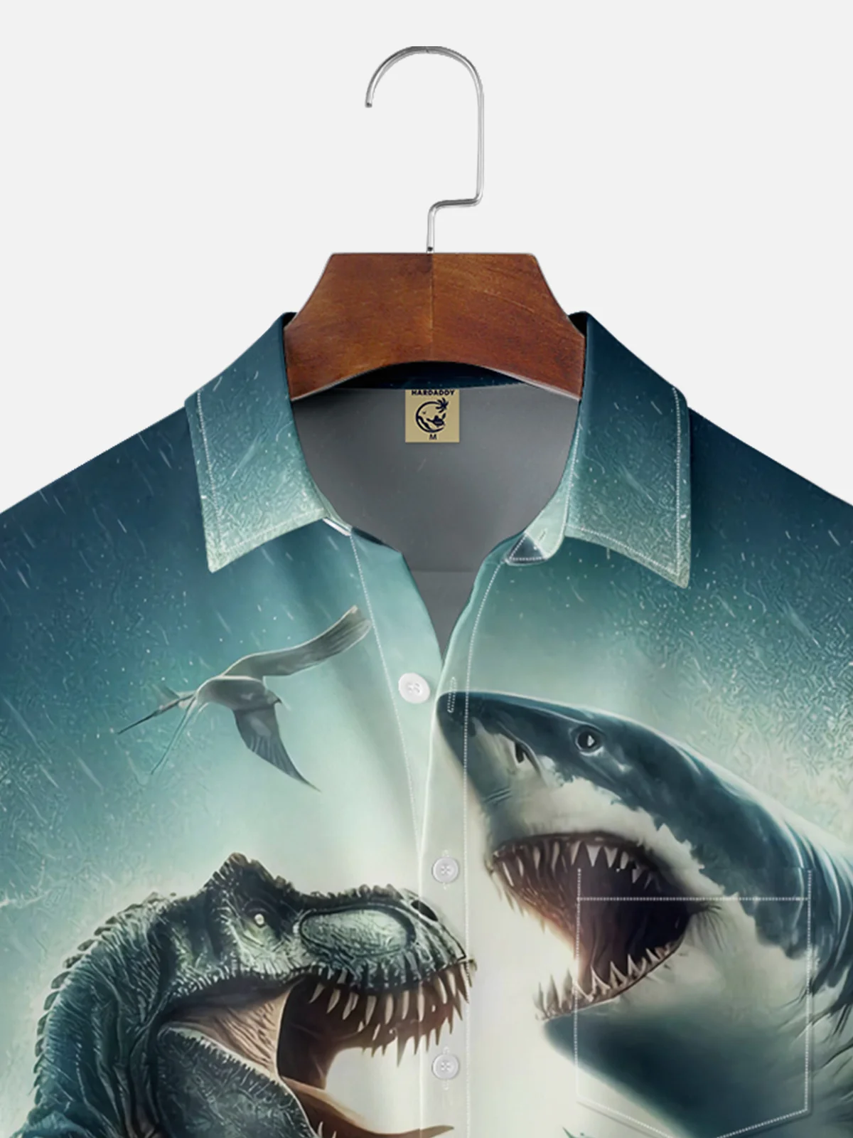 Moisture Wicking Dino Shark Chest Pocket Hawaiian Shirt