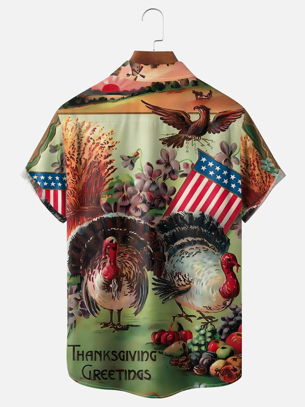 Moisture-wicking Thanksgiving Turkey and American Flag Chest Pocket Hawaiian Shirt