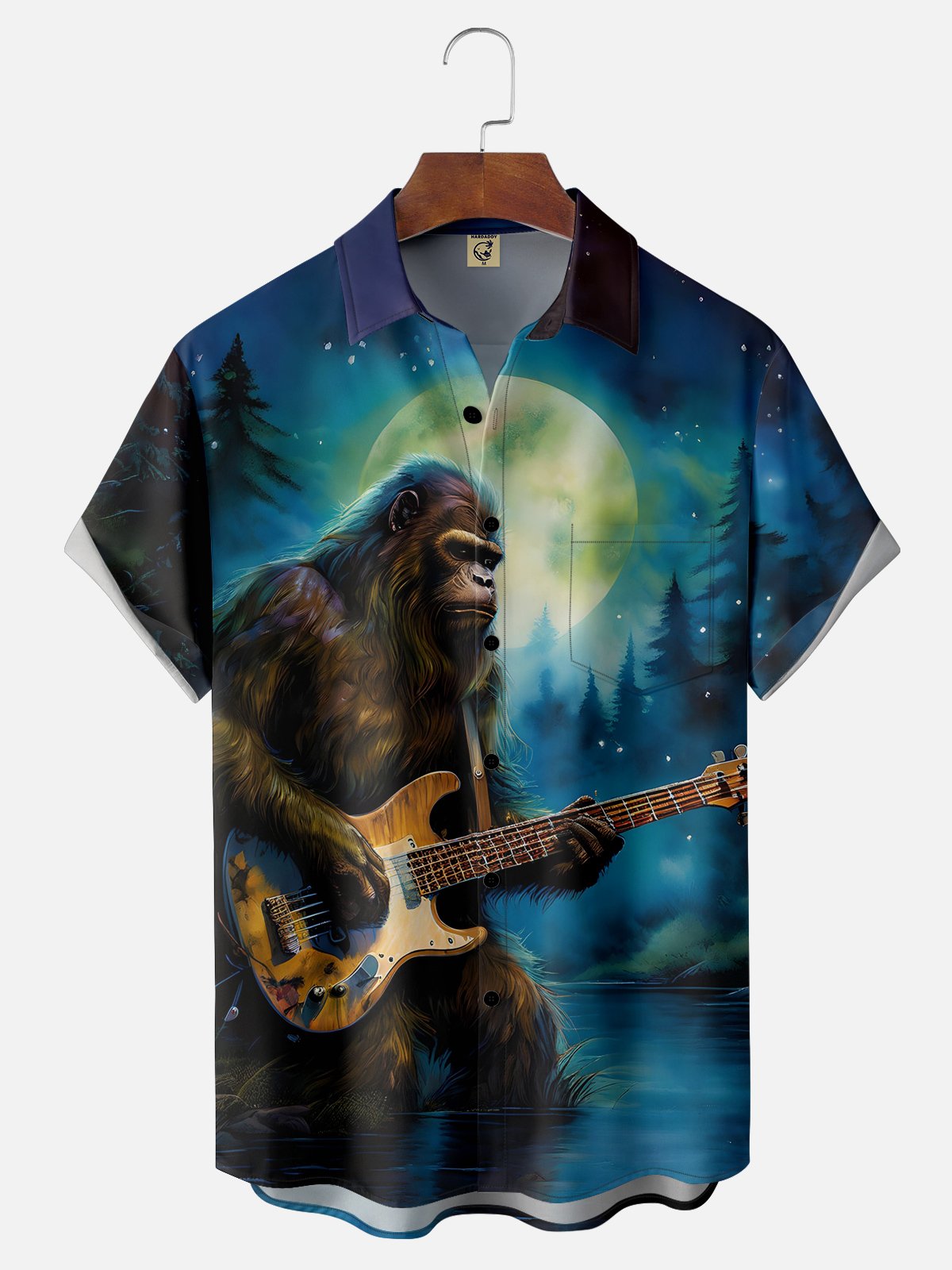 Moisture-wicking Bigfoot playing guitar Chest Pocket Hawaiian Shirt