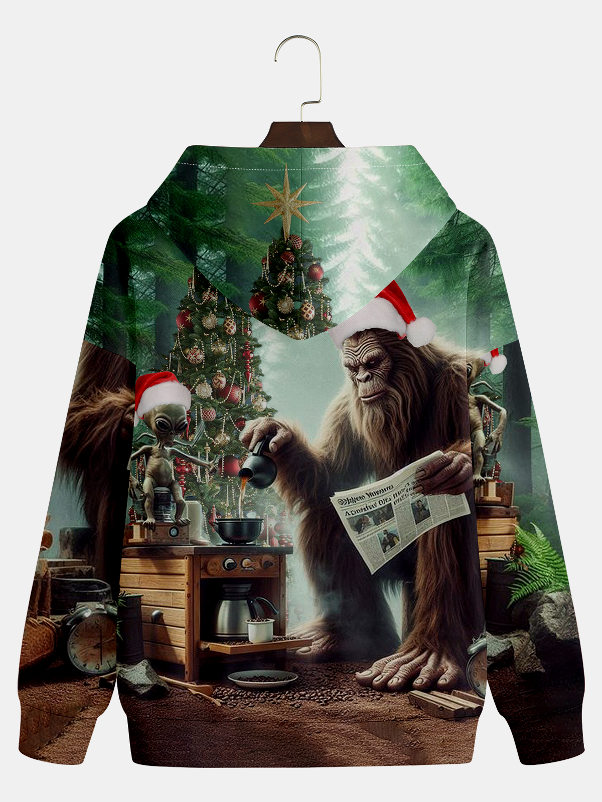 Bigfoot and Alien Christmas Afternoon Tea Hoodie Sweatshirt