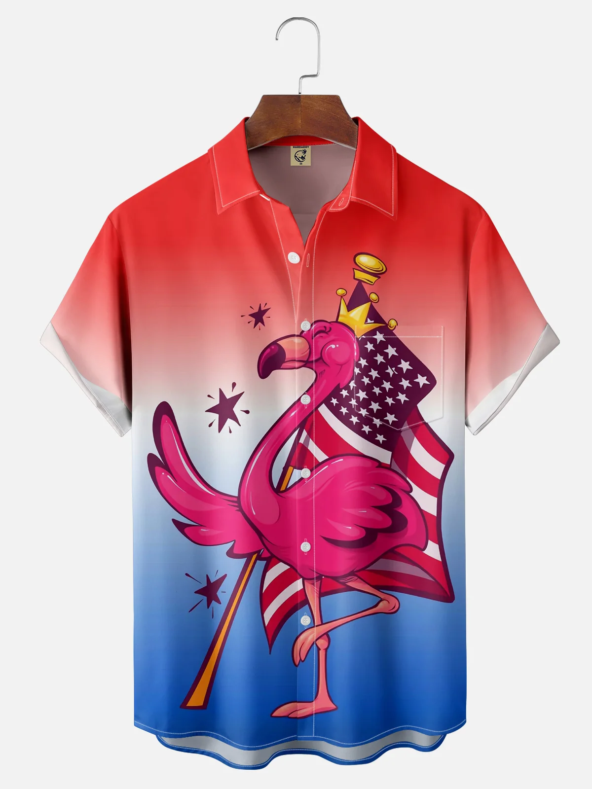 Moisture-wicking American Flag Flamingo Chest Pocket Hawaiian Shirt