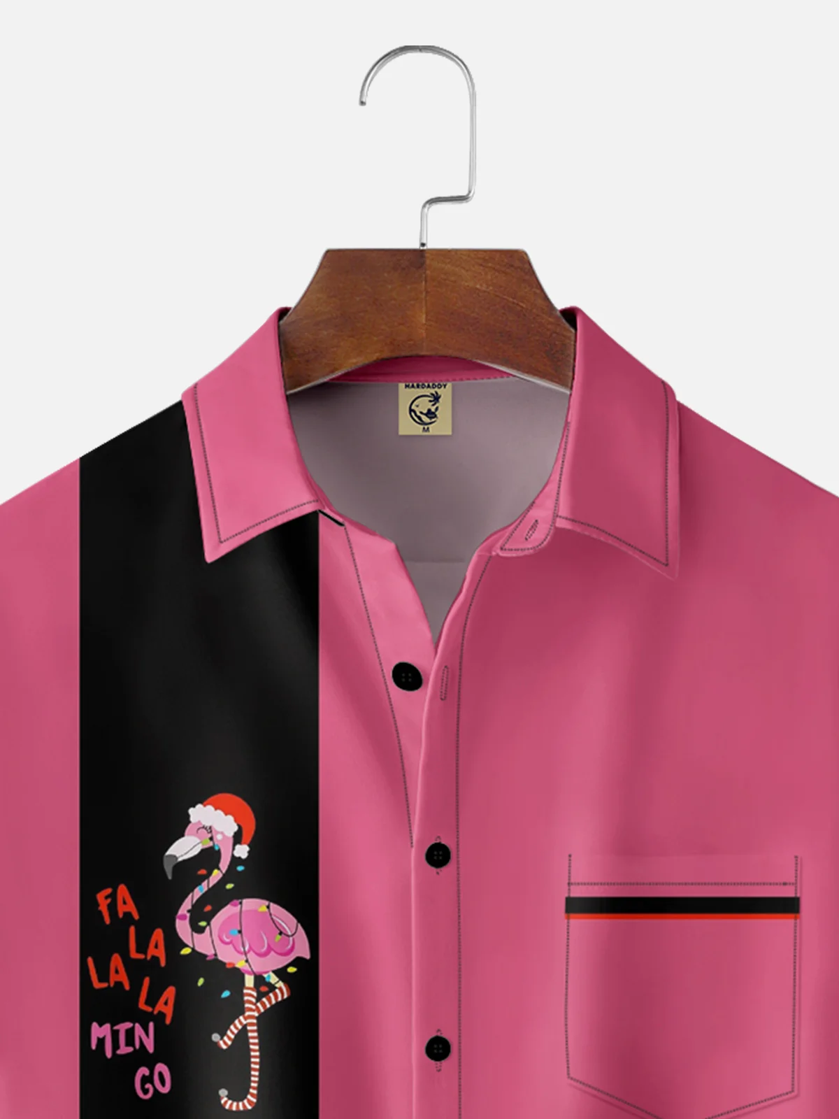 Moisture-wicking Christmas Flamingo Chest Pocket Bowling Shirt