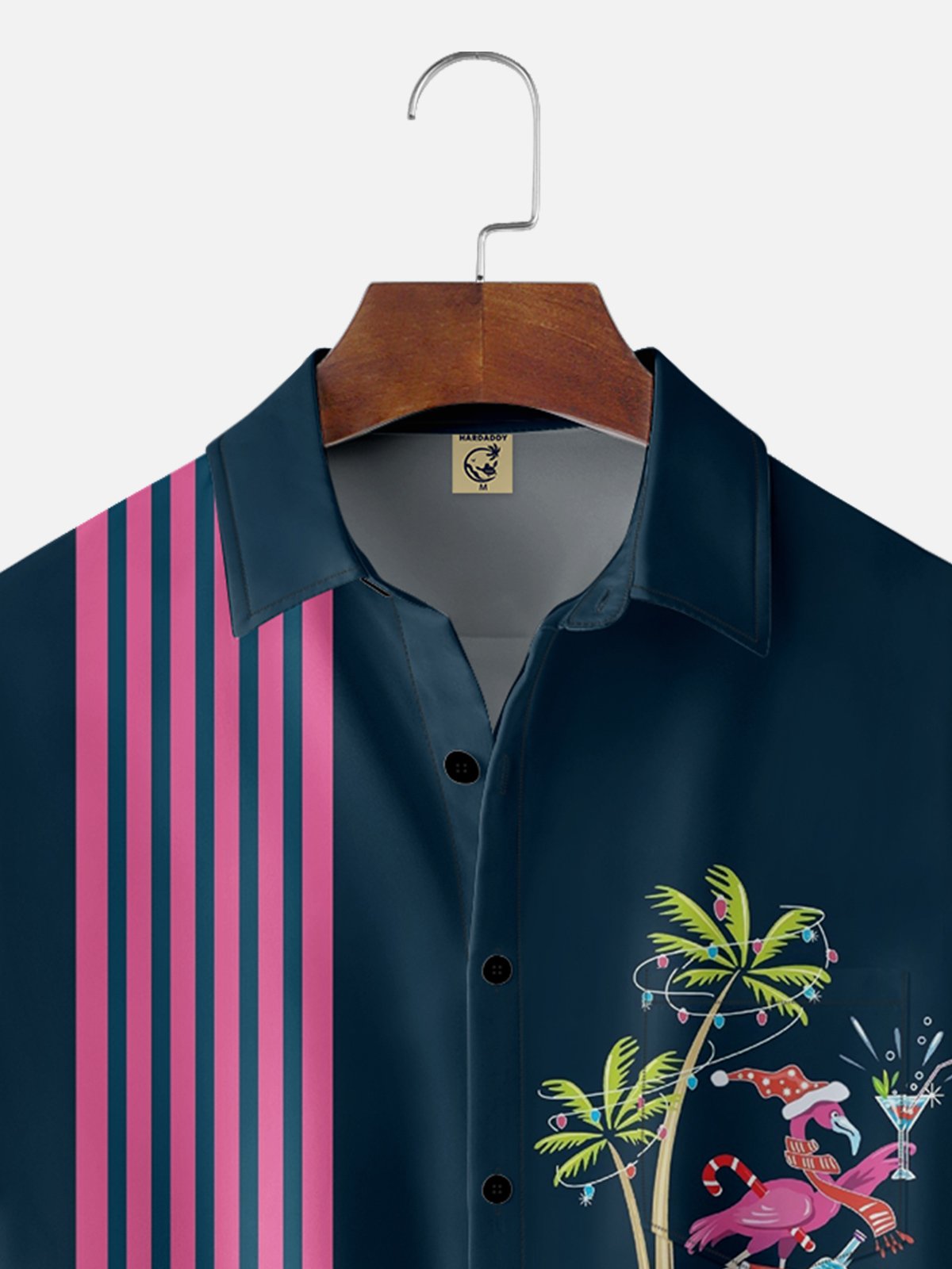 Moisture-wicking Cocktail Flamingo Christmas Chest Pocket Bowling Shirt