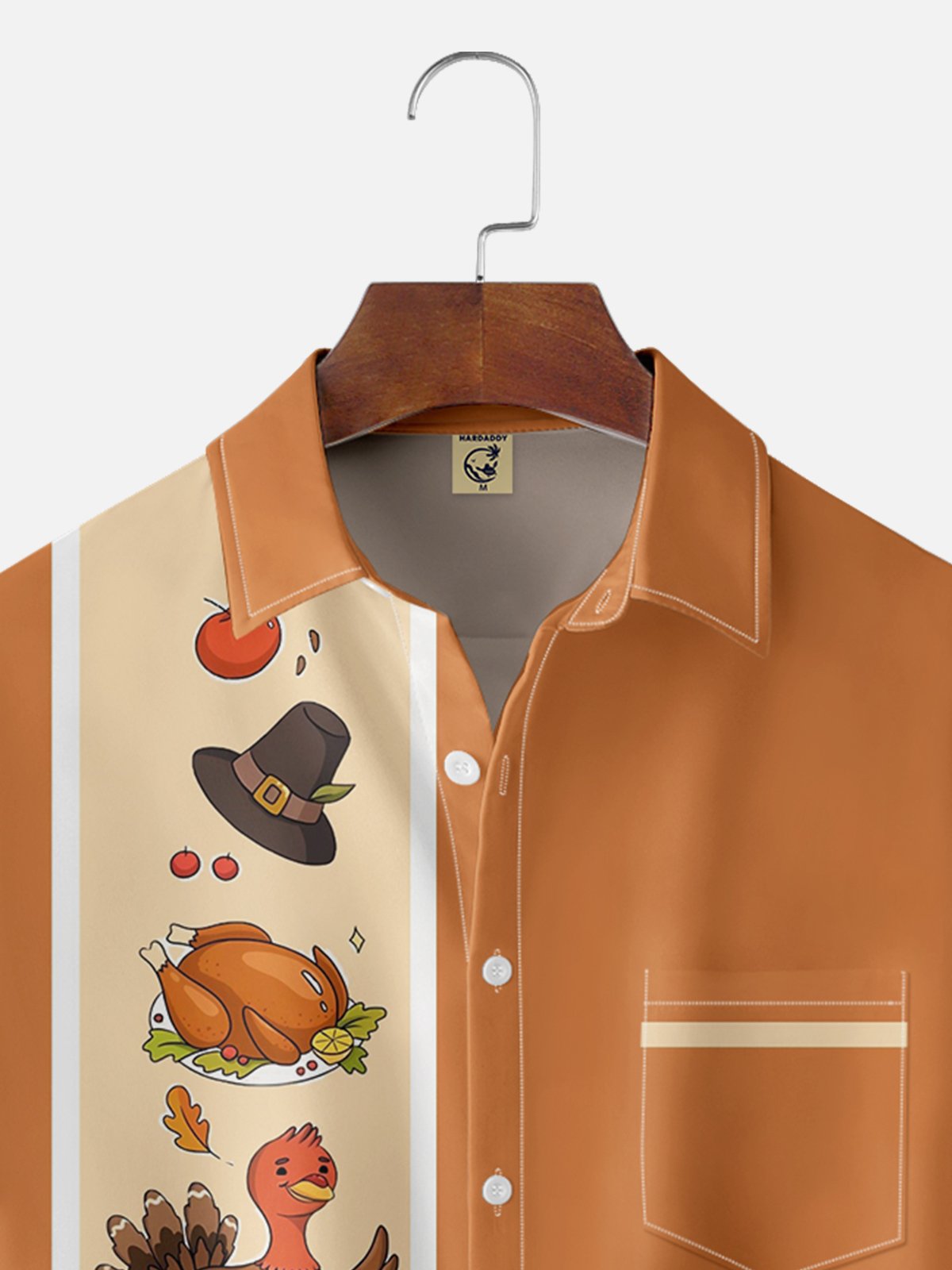 Moisture-wicking Thanksgiving Turkey Pumpkin Chest Pocket Bowling Shirt