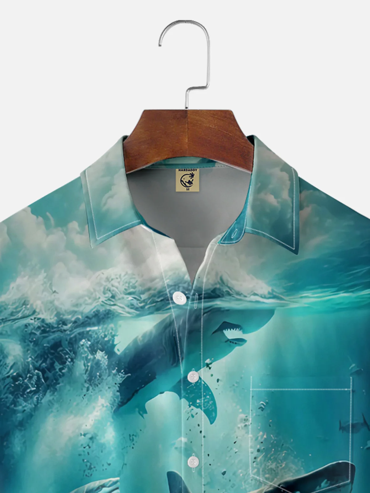 Moisture-wicking Ocean Marine Shark Chest Pocket Hawaiian Shirt