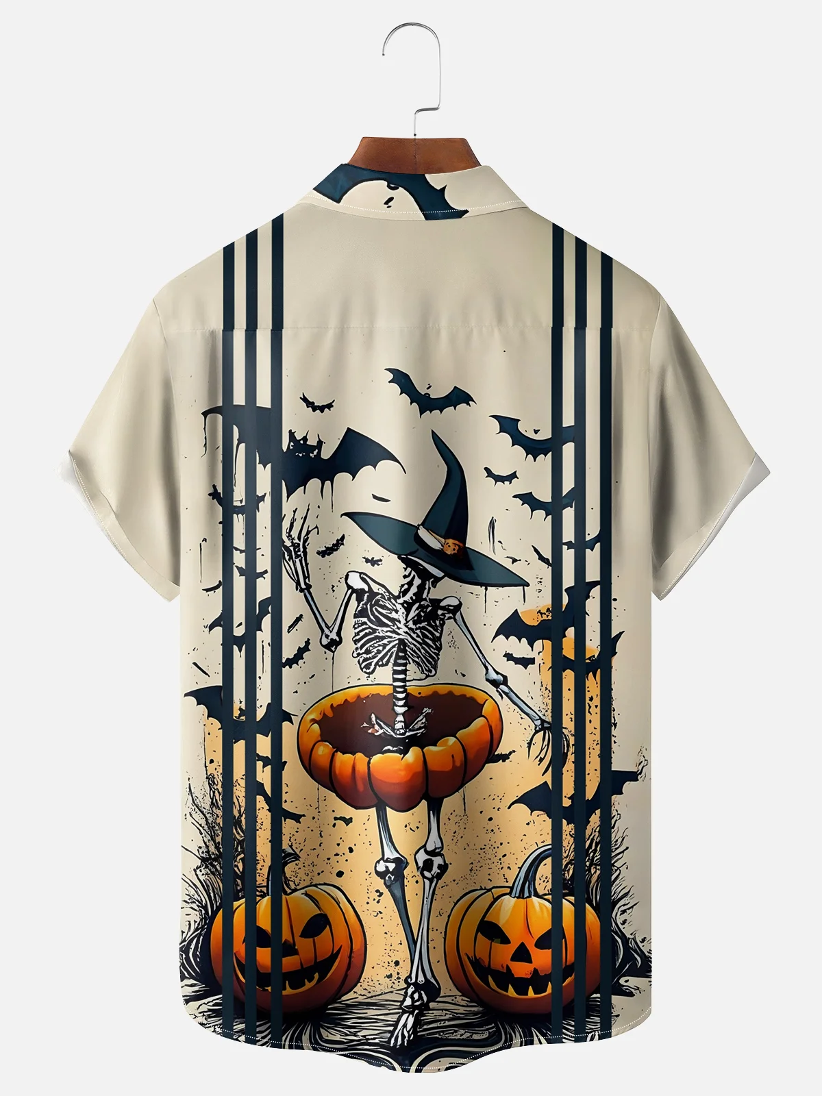 Moisture-wicking Halloween Skull Pumpkin Chest Pocket Bowling Shirt