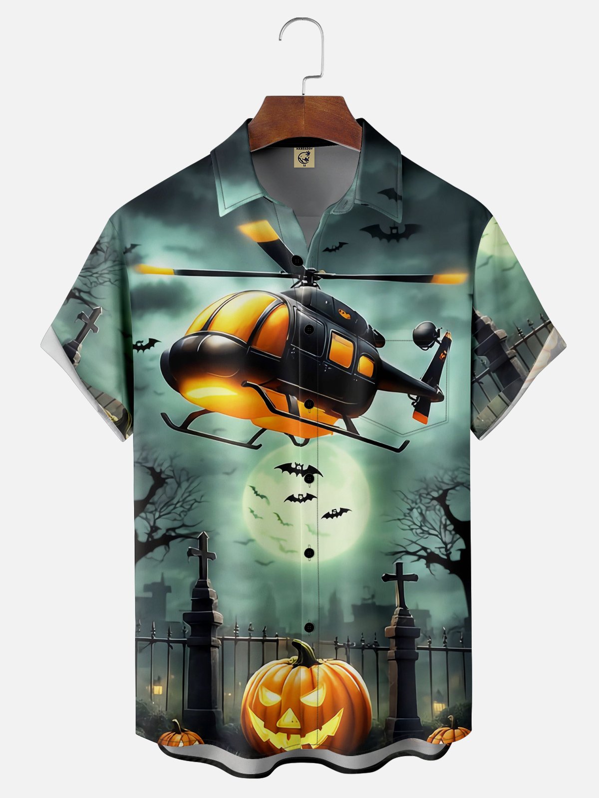 Moisture Wicking Halloween Pumpkin Helicopter Hawaiian Shirt