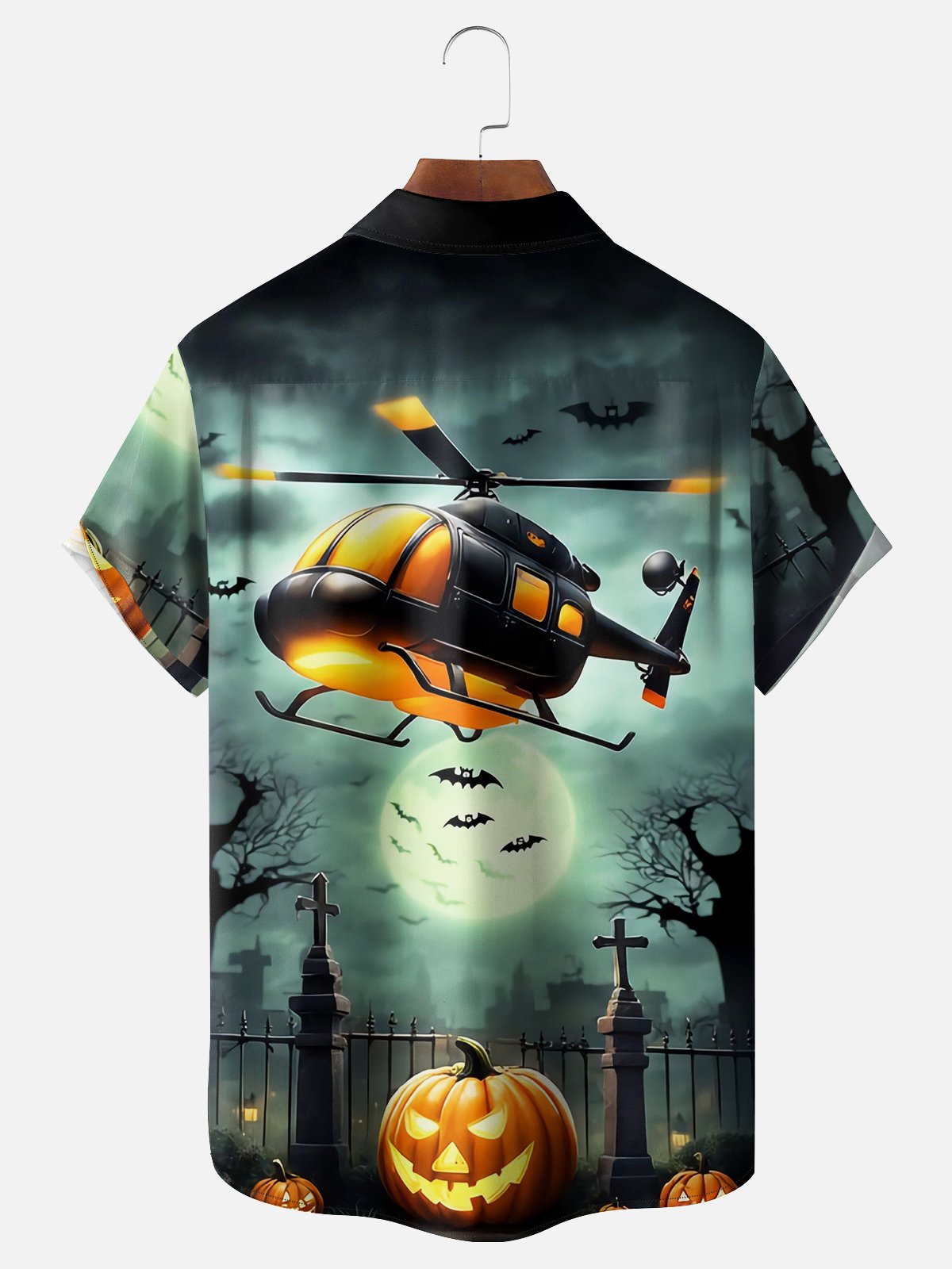 Moisture Wicking Halloween Pumpkin Helicopter Hawaiian Shirt