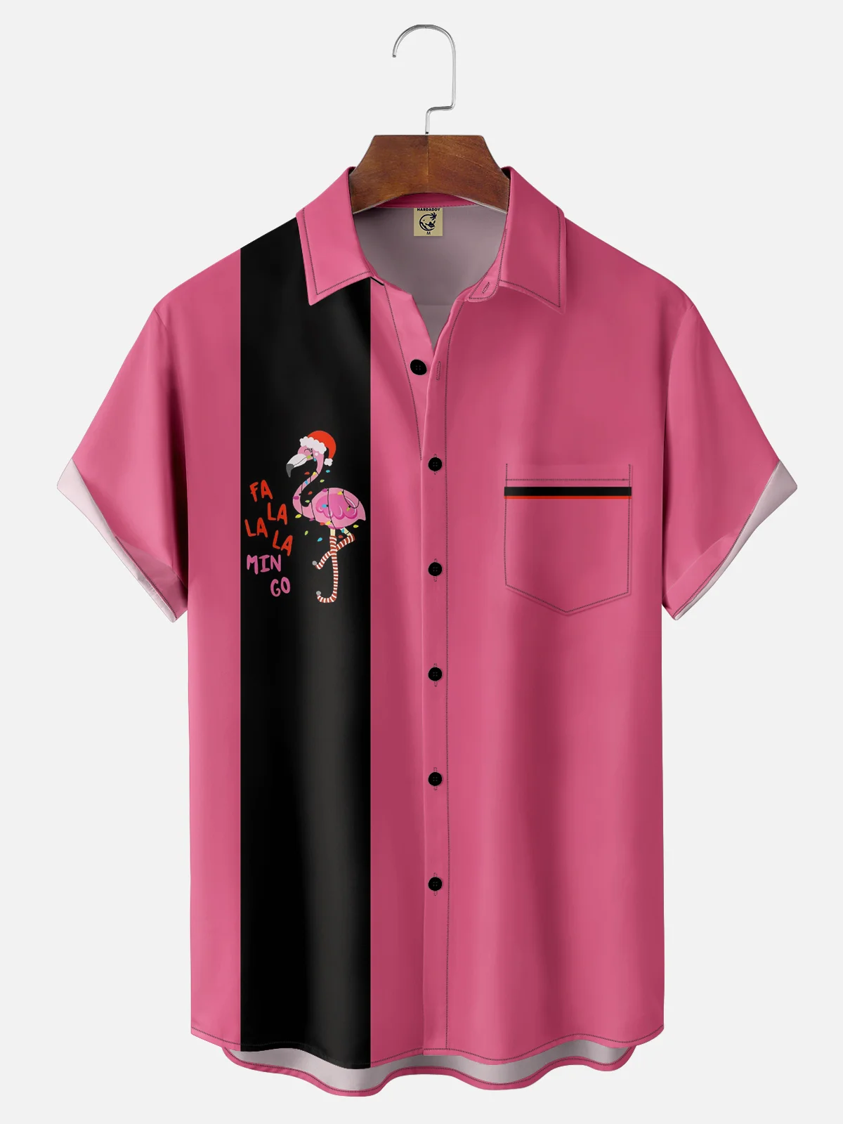 Moisture-wicking Christmas Flamingo Chest Pocket Bowling Shirt